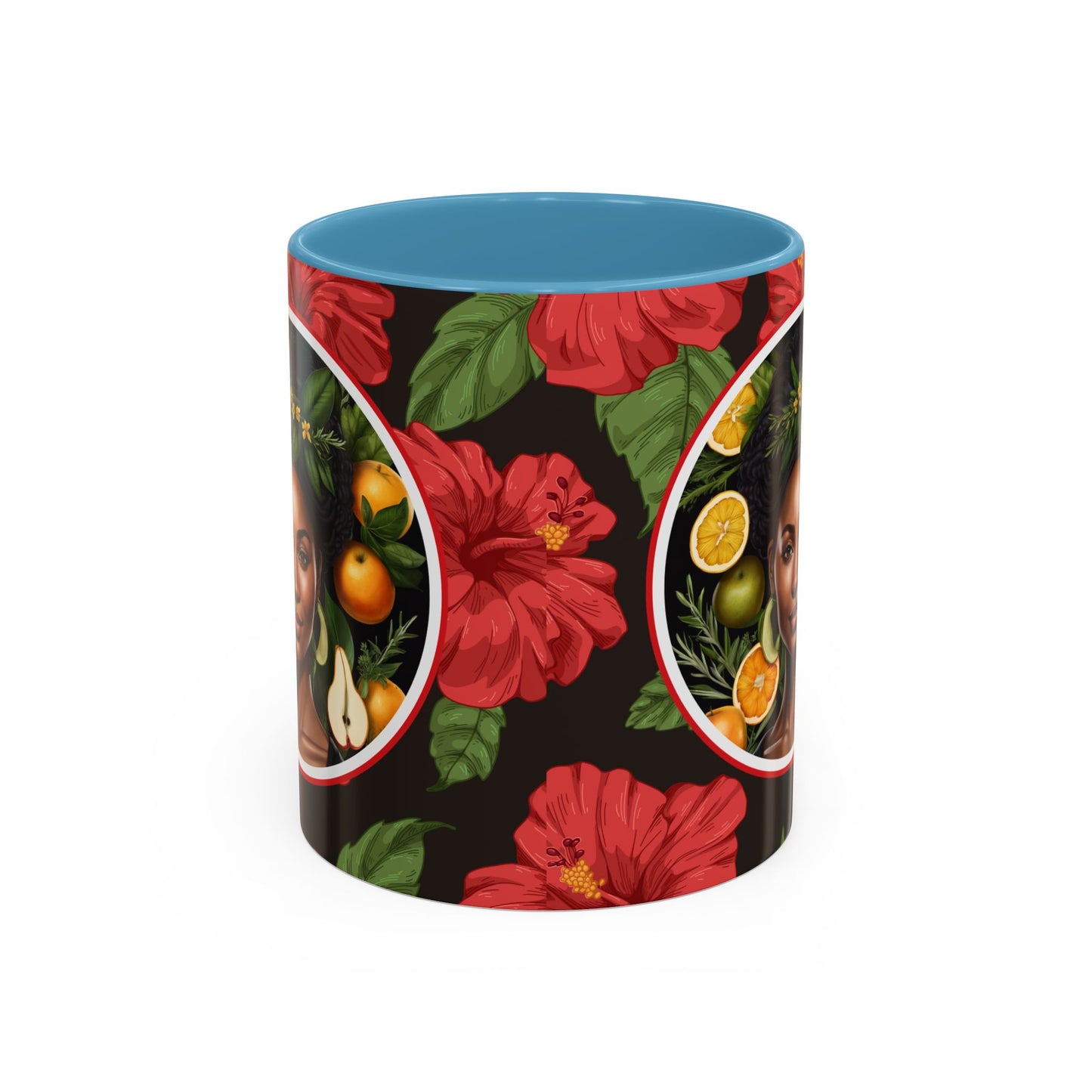 Organically Me Red and White Hibiscus Plant Garden Vegan Ceramic Plant Mug with Black woman (11oz) 8 Color Combos