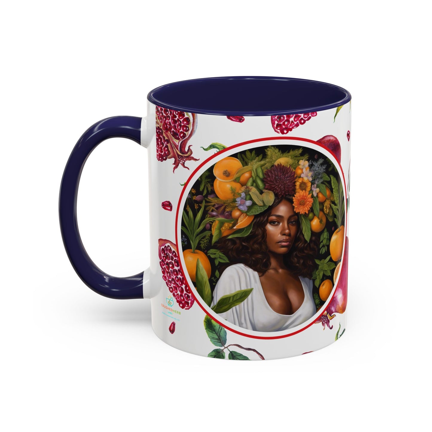 Organically Me Red and White Regina Pomegranate Plant Garden Vegan Ceramic Plant Mug with Black woman (11oz) 8 Color Combos