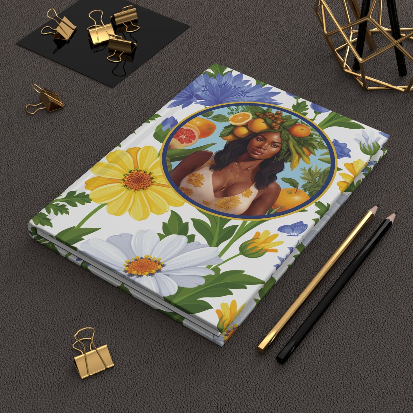 Organically Me Blue & Yellow Daisy Plant, Garden & Vegan Hardcover Journal, Able to be Personalized, 150 pages, Black women
