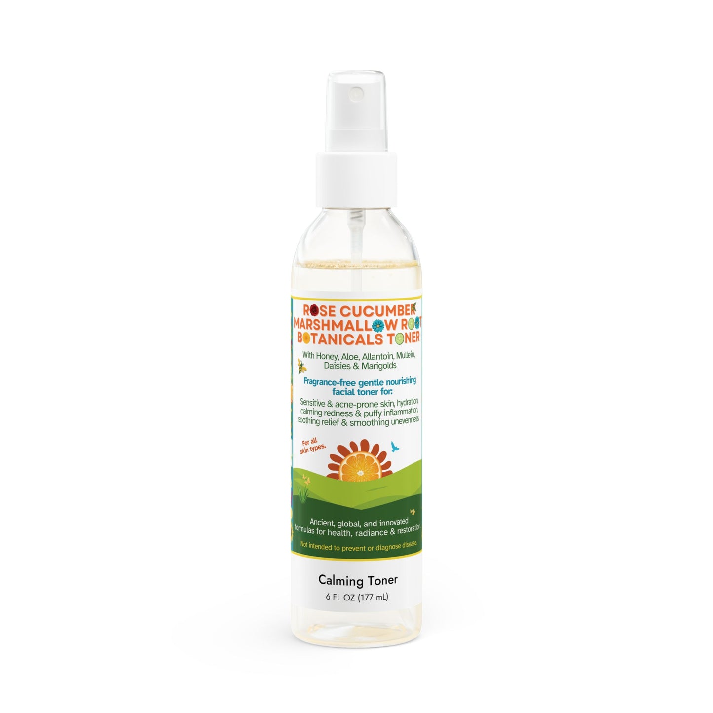 Rose Cucumber Marshmallow Root Botanicals Facial Toner (Sensitive Skin & Fragrance-free) with Honey, Aloe, Allantoin, Mullein, Marigolds & Blue Daisies (6oz)