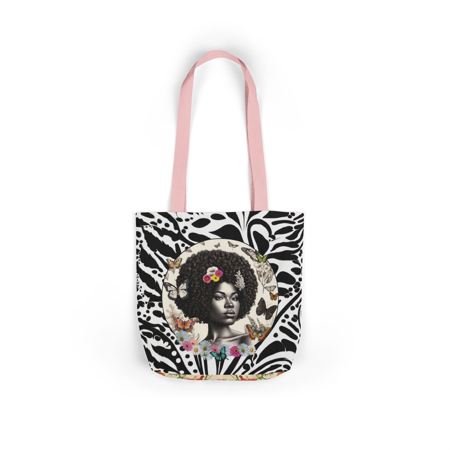 Afro Butterfly Queen In Black & White Garden-themed 13" tote bag, purse, workout bag, yoga bag, personal item with Black Women