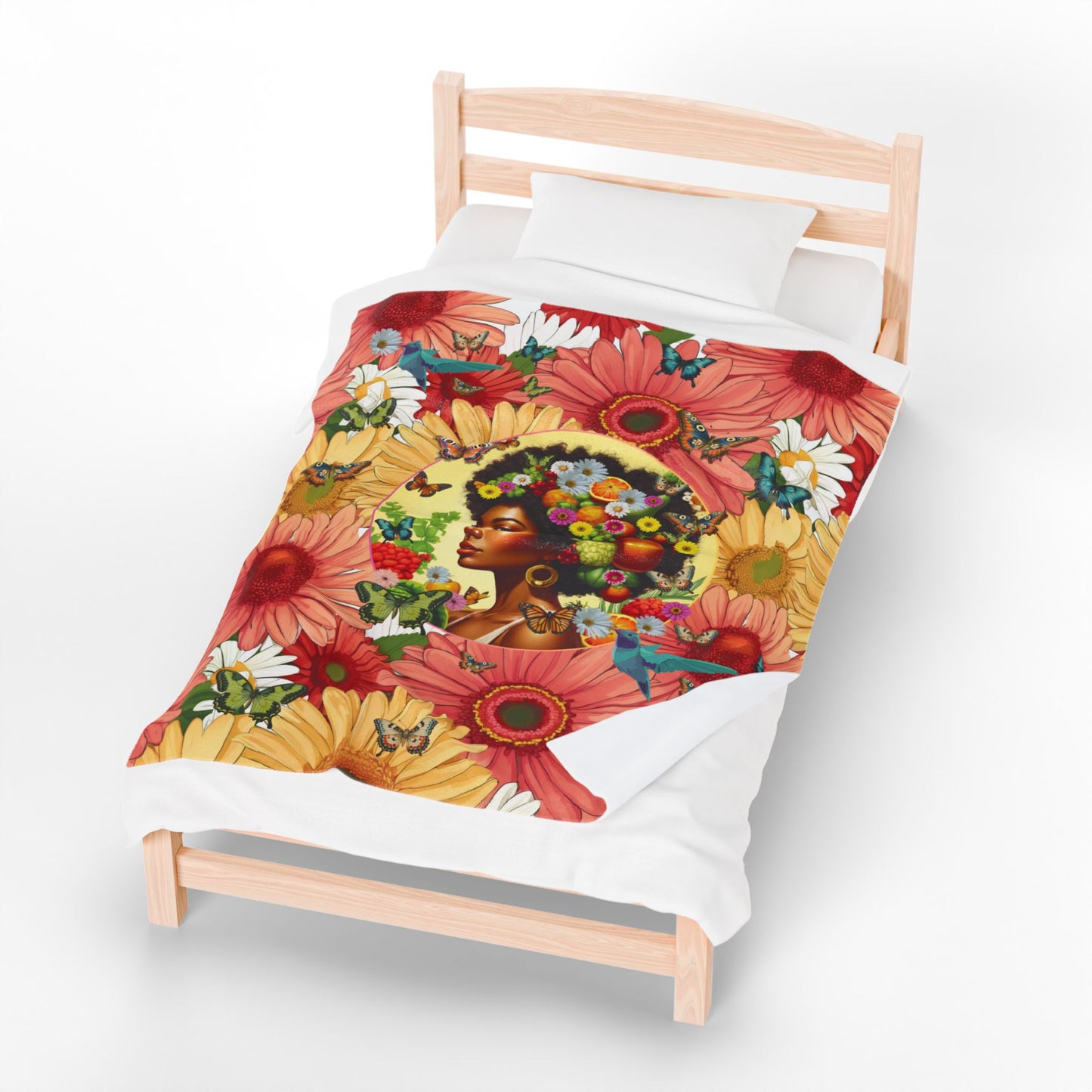 Organically Me Afro Joy Daisy Delany Plant & Garden Blanket, Wall Hanging, Tablecloth (Velveteen) with Black Woman; 50 x 60in