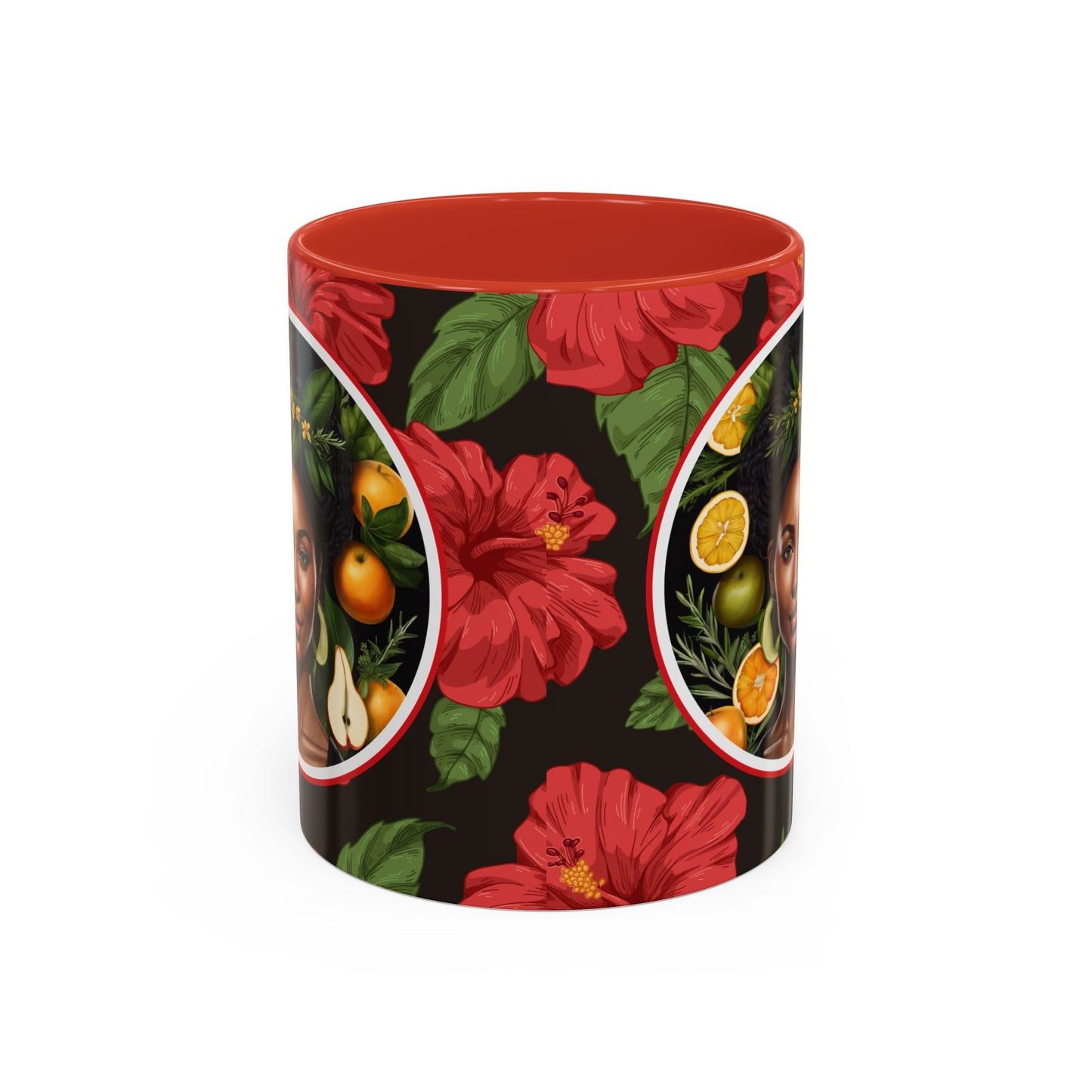 Organically Me Red and White Hibiscus Plant Garden Vegan Ceramic Plant Mug with Black woman (11oz) 8 Color Combos