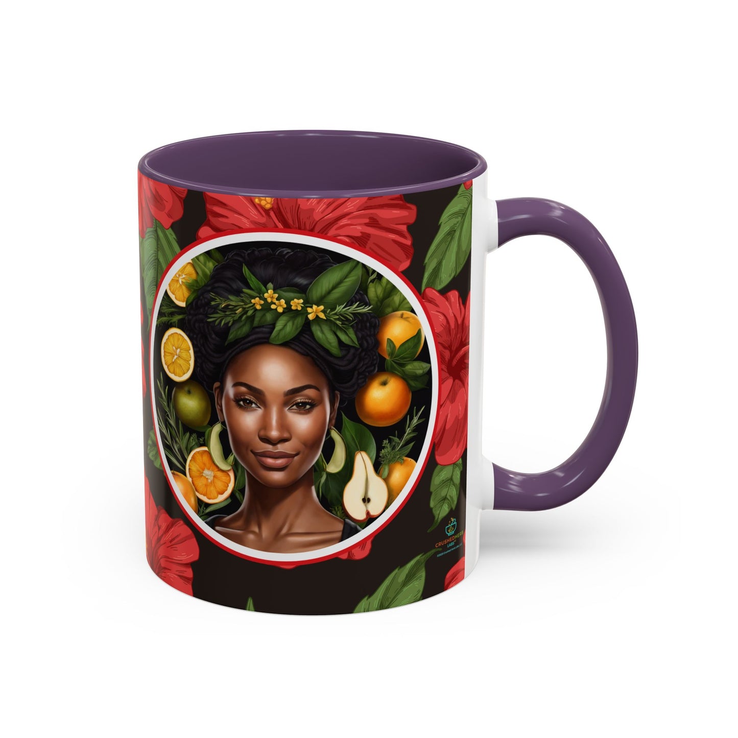 Organically Me Red and White Hibiscus Plant Garden Vegan Ceramic Plant Mug with Black woman (11oz) 8 Color Combos