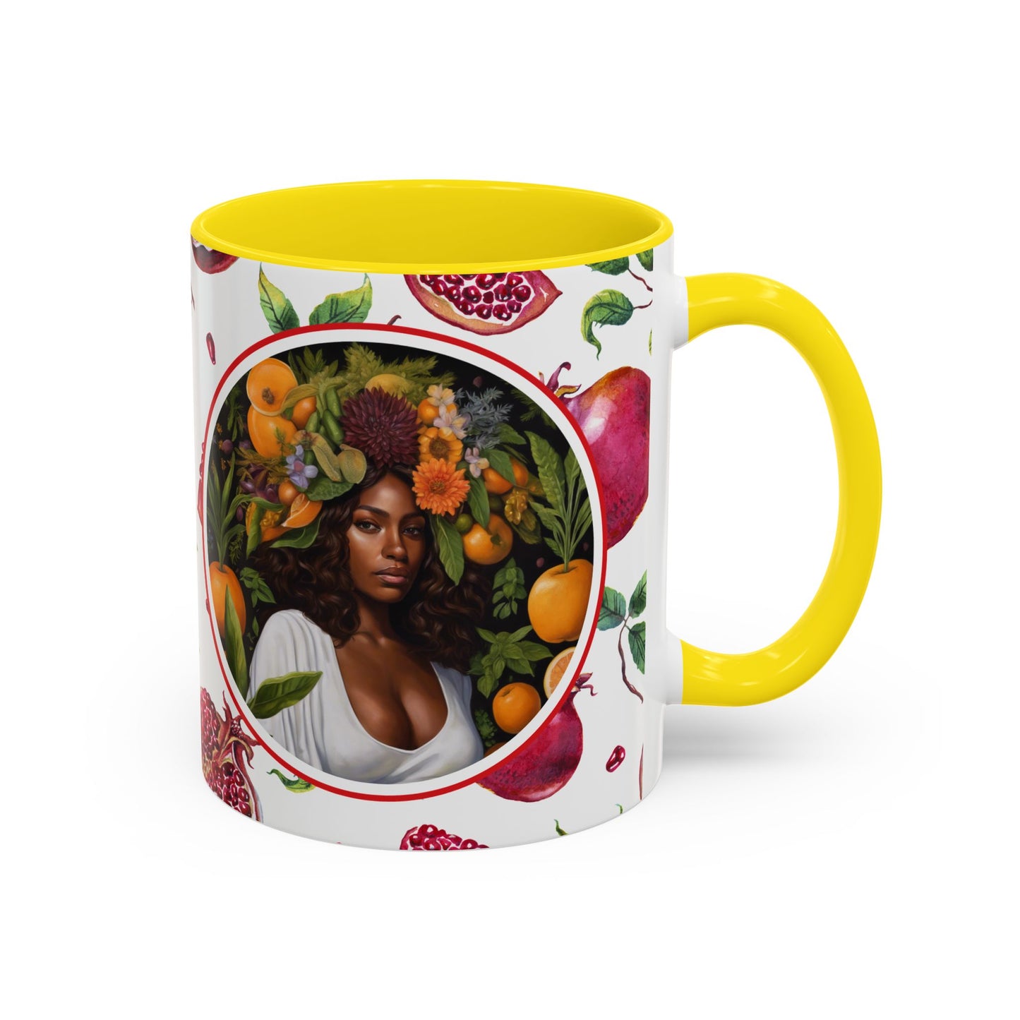 Organically Me Red and White Regina Pomegranate Plant Garden Vegan Ceramic Plant Mug with Black woman (11oz) 8 Color Combos