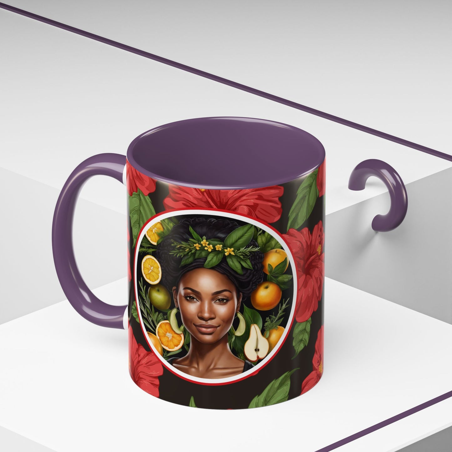 Organically Me Red and White Hibiscus Plant Garden Vegan Ceramic Plant Mug with Black woman (11oz) 8 Color Combos
