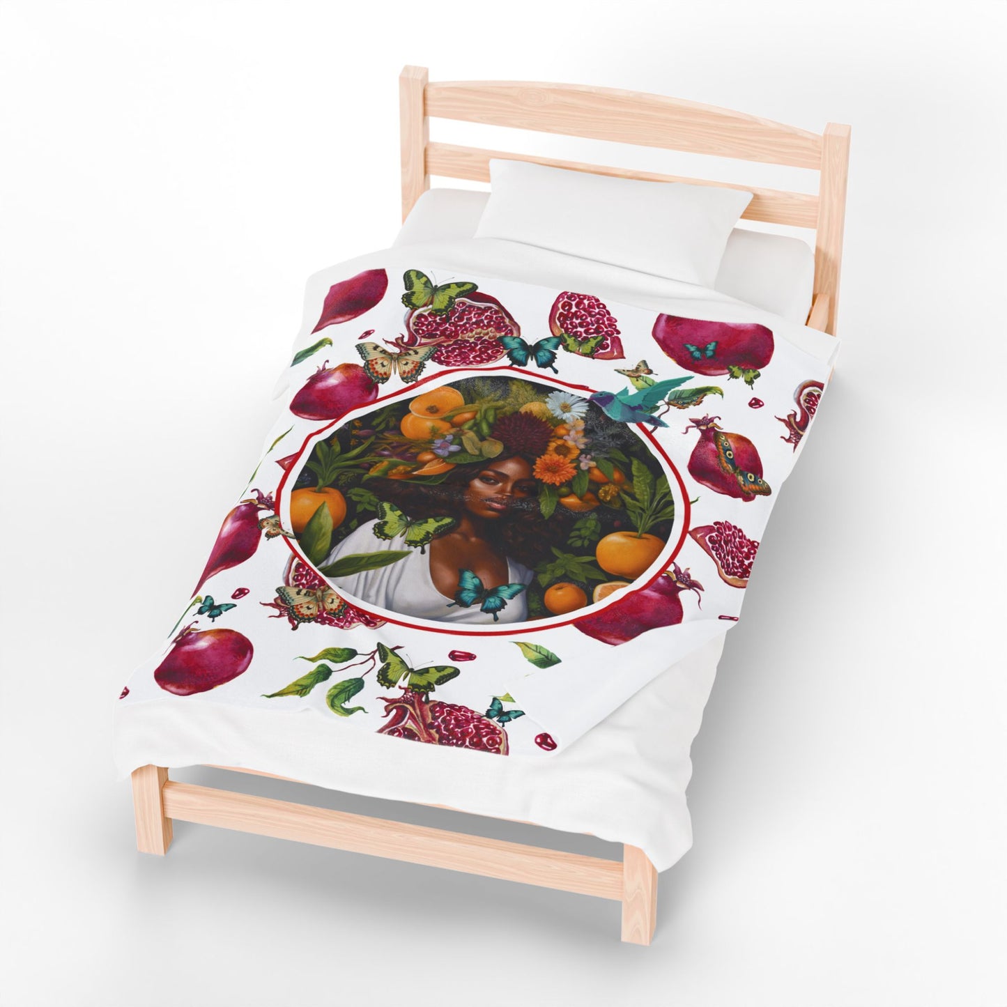 Organically Me Red and White Pomegranate Plant Garden Blanket, Wall Hanging, Tablecloth (Velveteen) with Black Woman; 50 x 60in