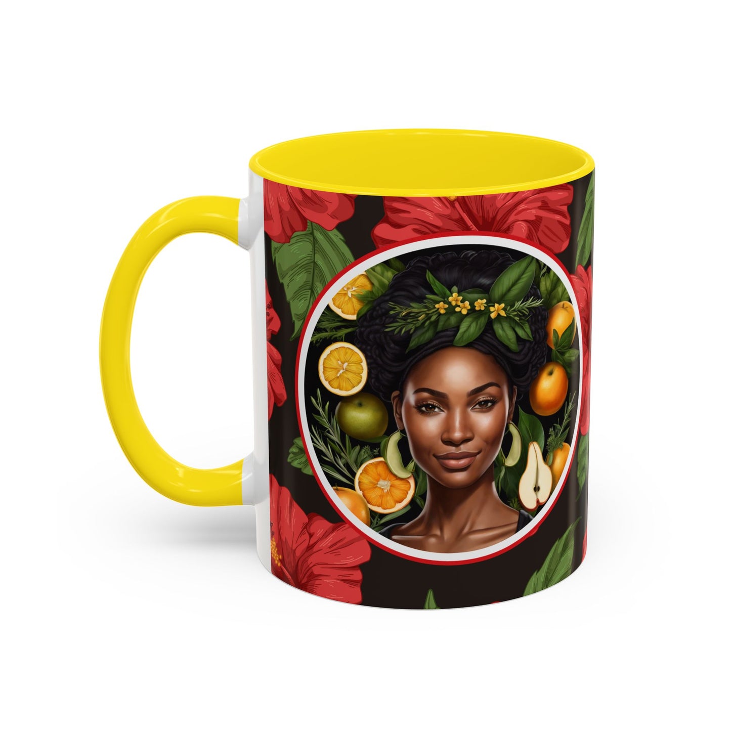 Organically Me Red and White Hibiscus Plant Garden Vegan Ceramic Plant Mug with Black woman (11oz) 8 Color Combos