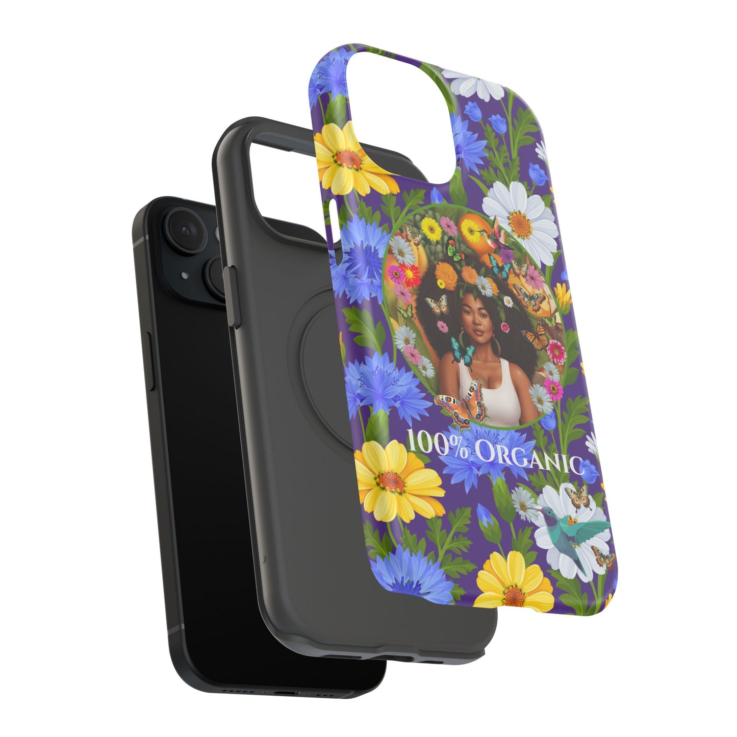 100% Organic Purple Plant Garden: Tough iPhone 15 Case with Eco Floral and Black Woman