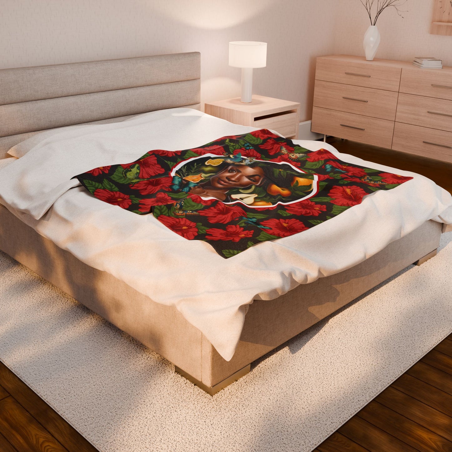 Organically Me Red and White Plant Garden Blanket, Wall Hanging, Tablecloth (Velveteen) with Black Woman; 50 x 60in