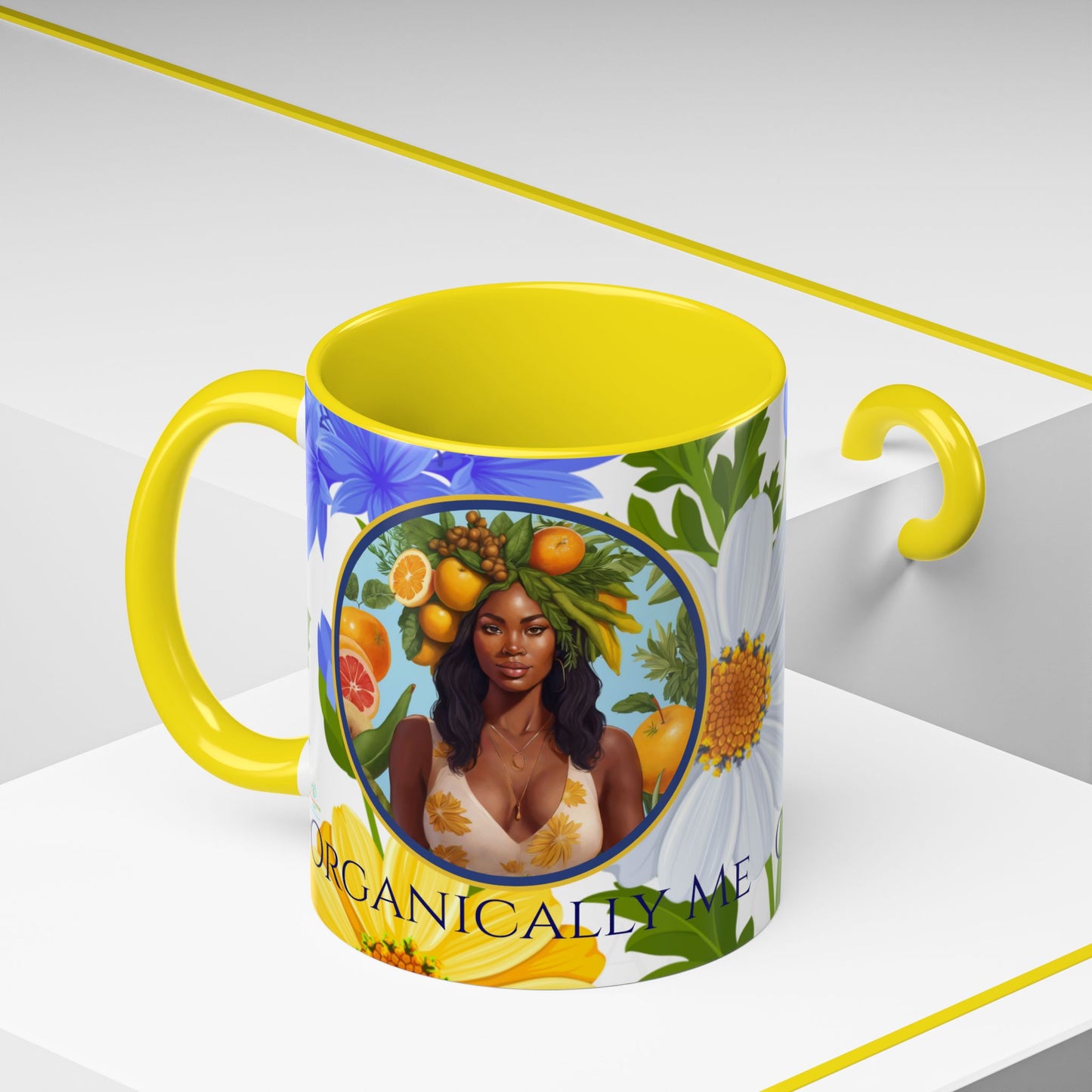 Organically Me Blue & Yellow Daisy Joyce Plant Garden Vegan Ceramic Plant Mug with Black woman (11oz) 8 Color Combos