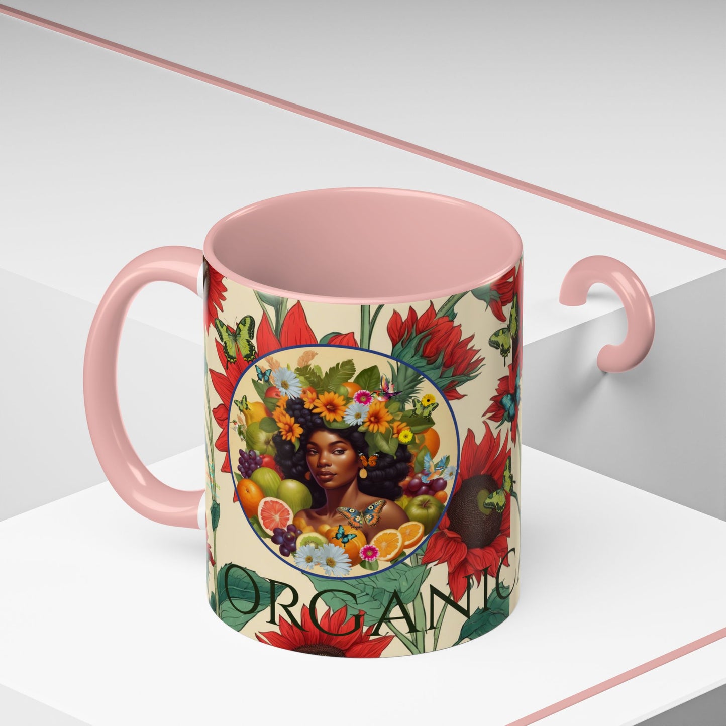 Organically Me Sunflower Red Plant Garden Vegan Ceramic Plant Mug with Black woman (11oz) 8 Color Combos