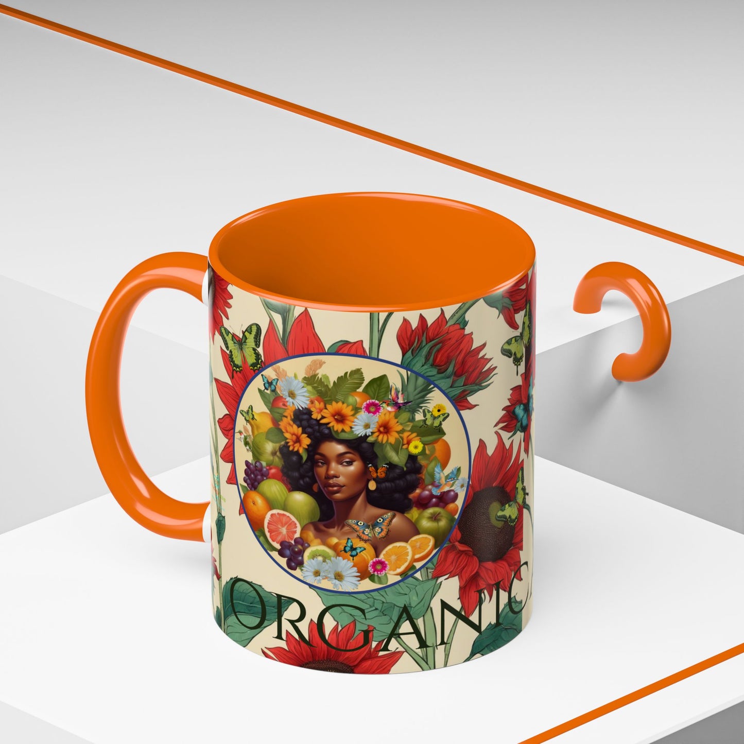 Organically Me Sunflower Red Plant Garden Vegan Ceramic Plant Mug with Black woman (11oz) 8 Color Combos