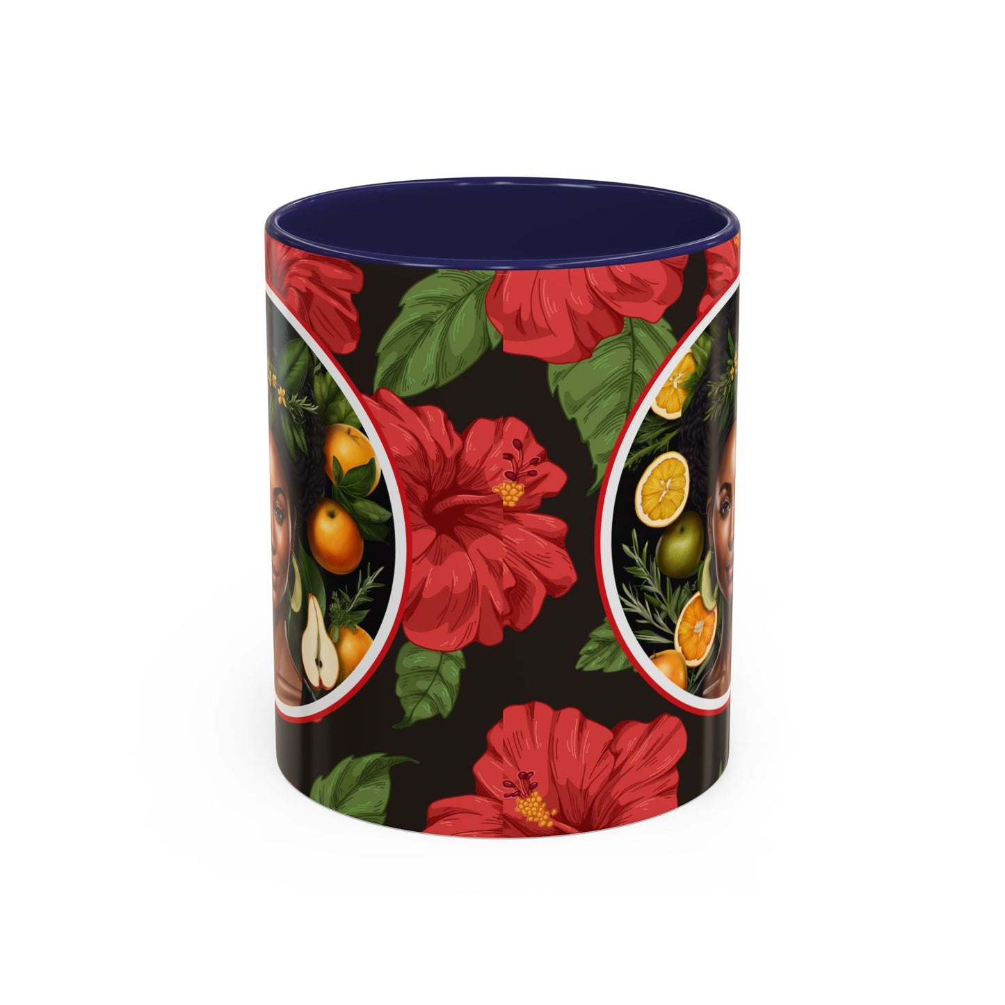Organically Me Red and White Hibiscus Plant Garden Vegan Ceramic Plant Mug with Black woman (11oz) 8 Color Combos