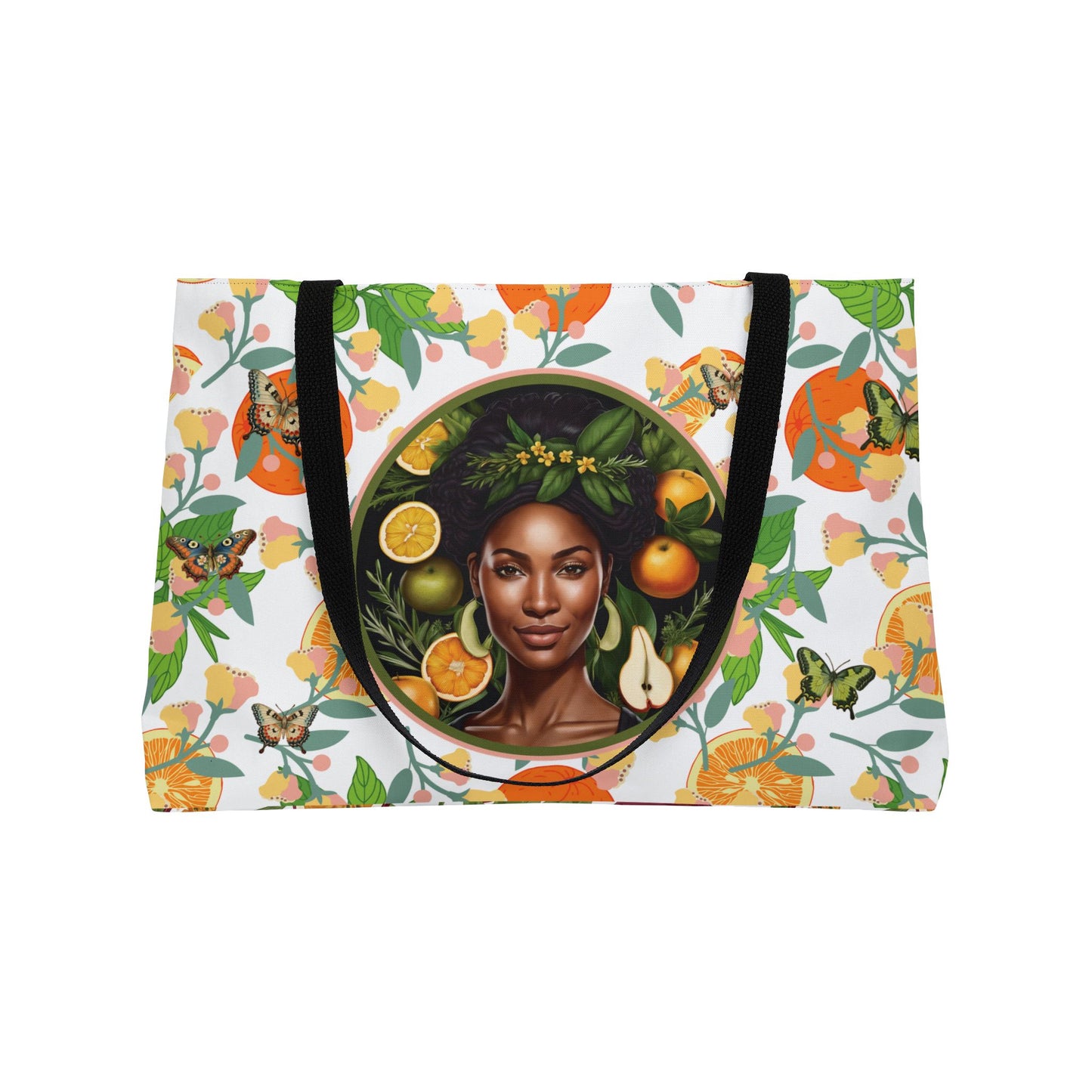 Organically Me Pink & Green Plant Garden-themed Weekender Tote Bag, workout bag, yoga bag with Black Women