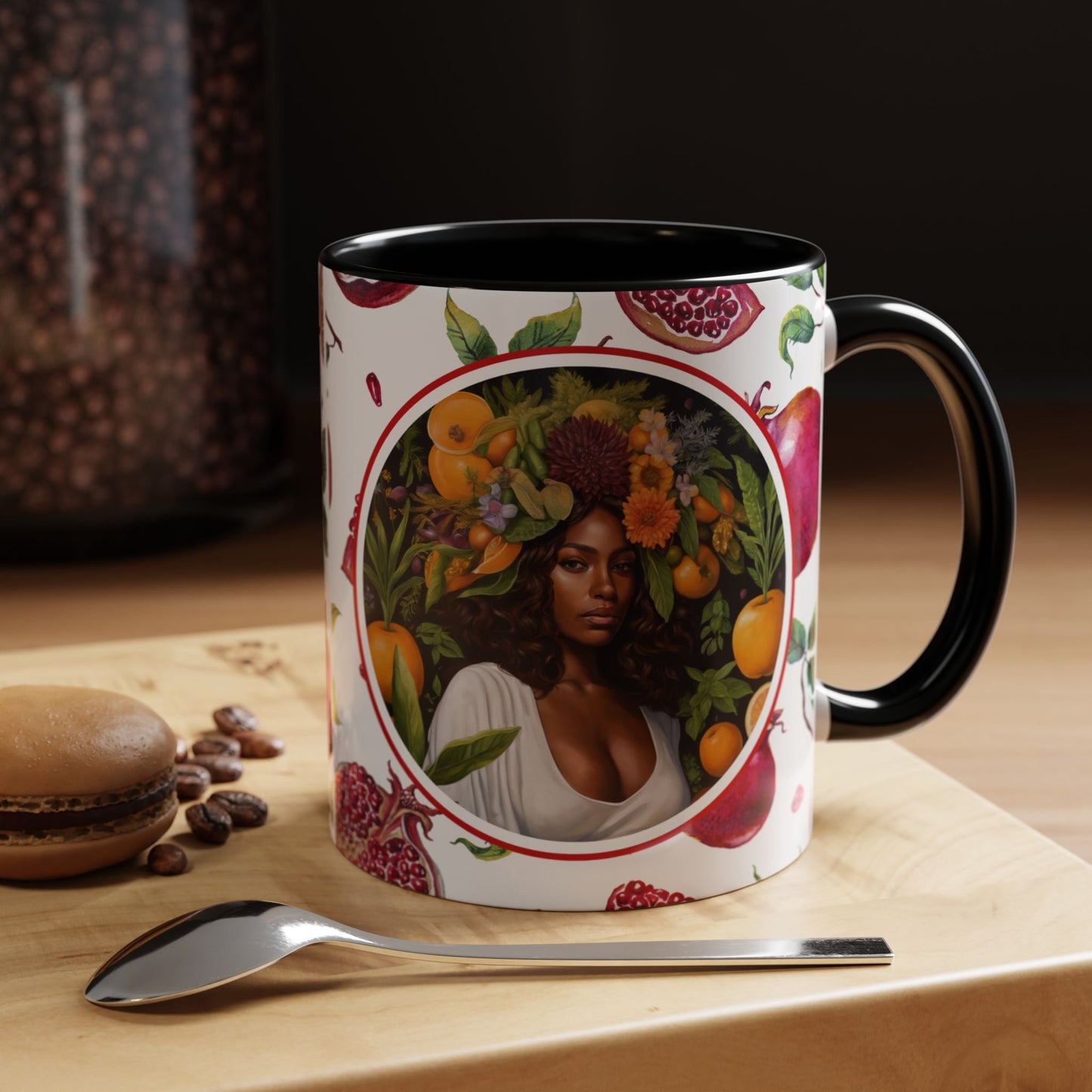 Organically Me Red and White Regina Pomegranate Plant Garden Vegan Ceramic Plant Mug with Black woman (11oz) 8 Color Combos