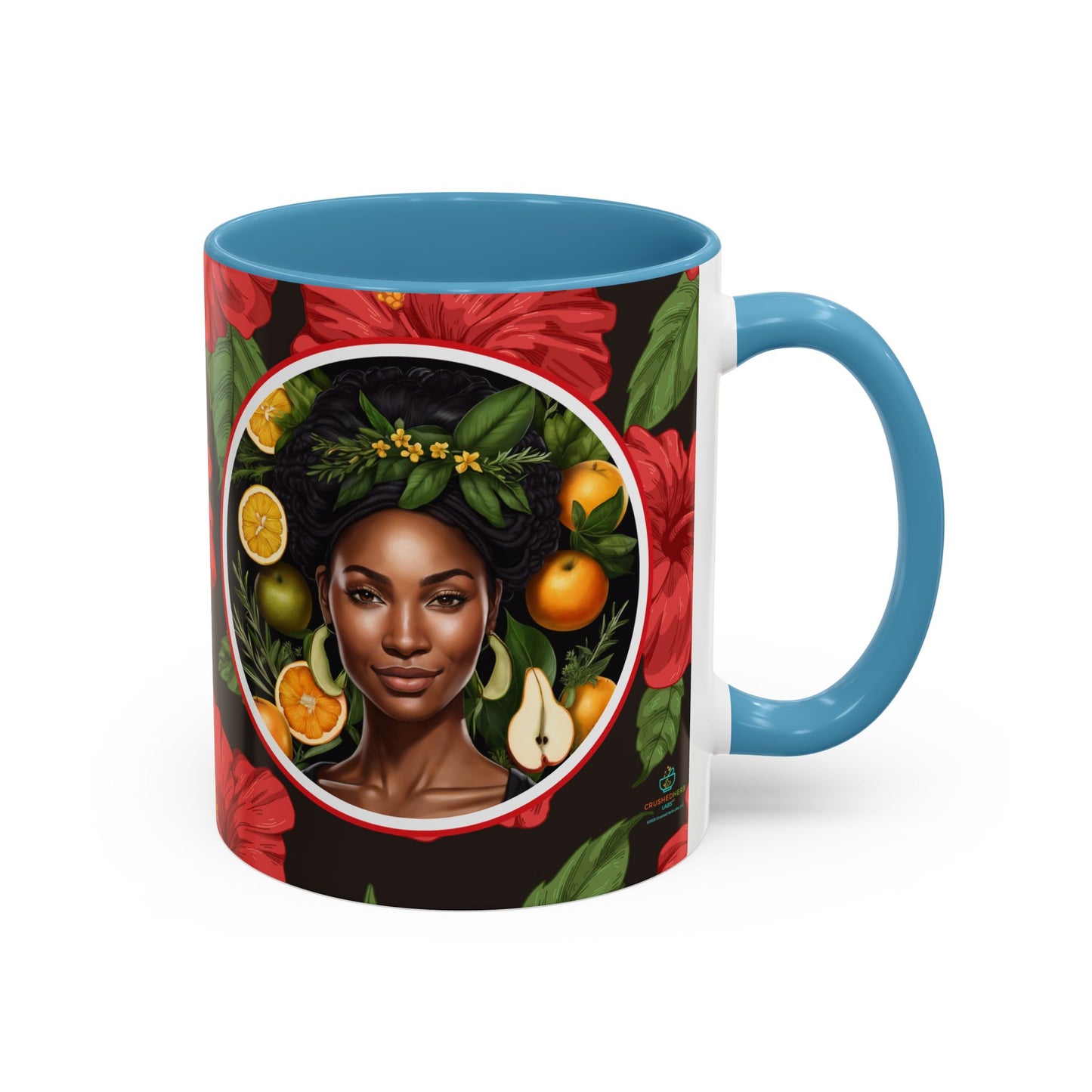Organically Me Red and White Hibiscus Plant Garden Vegan Ceramic Plant Mug with Black woman (11oz) 8 Color Combos