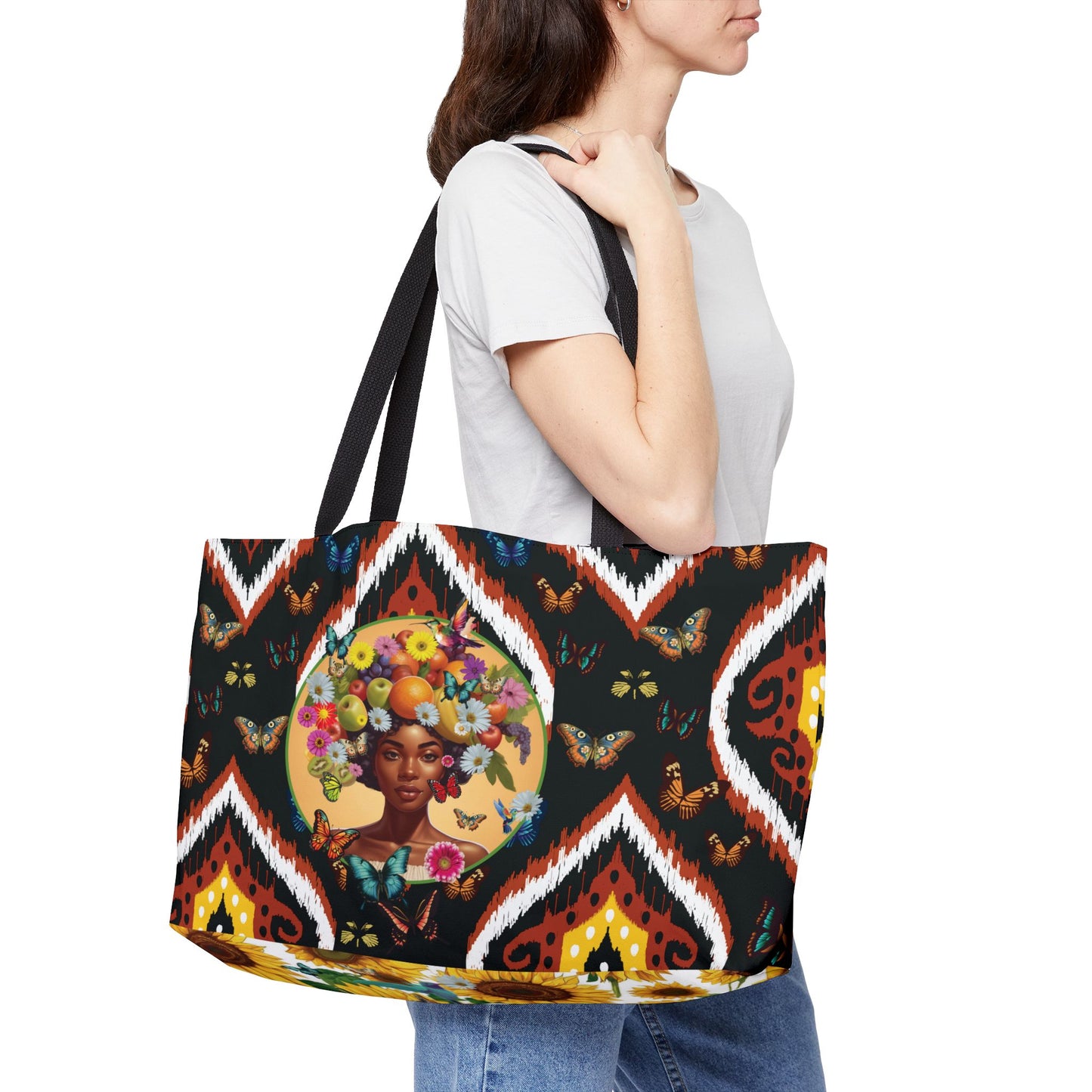 Organically Me B Tribal Butterfly Monarch Queen Karmon Garden & Plant-themed Weekender Tote Bag, workout bag, yoga bag