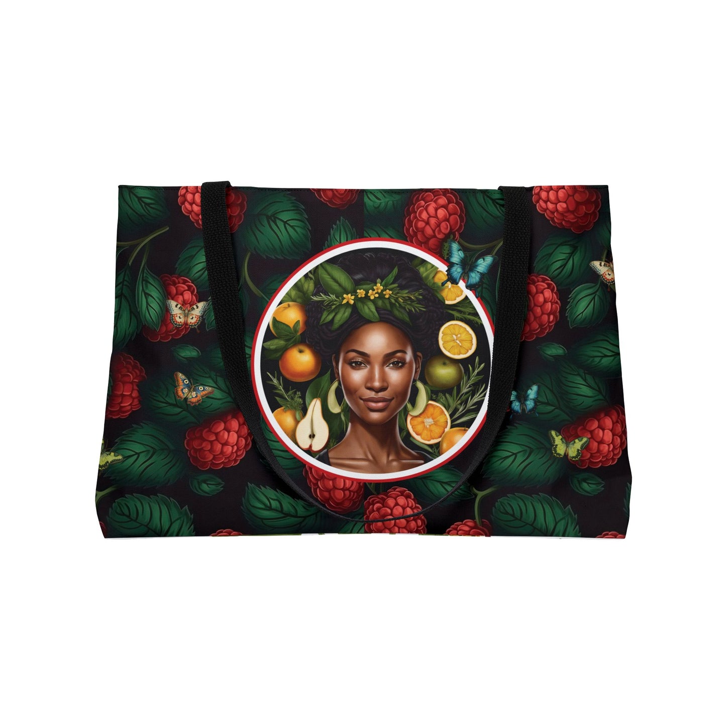 Organically Me Red & White Hibiscus Plant Garden-themed Weekender Tote Bag, workout bag, yoga bag with Black Women