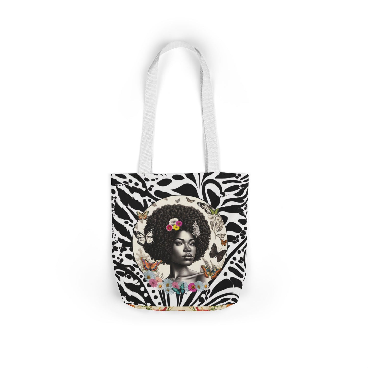 Afro Butterfly Queen In Black & White Garden-themed 13" tote bag, purse, workout bag, yoga bag, personal item with Black Women
