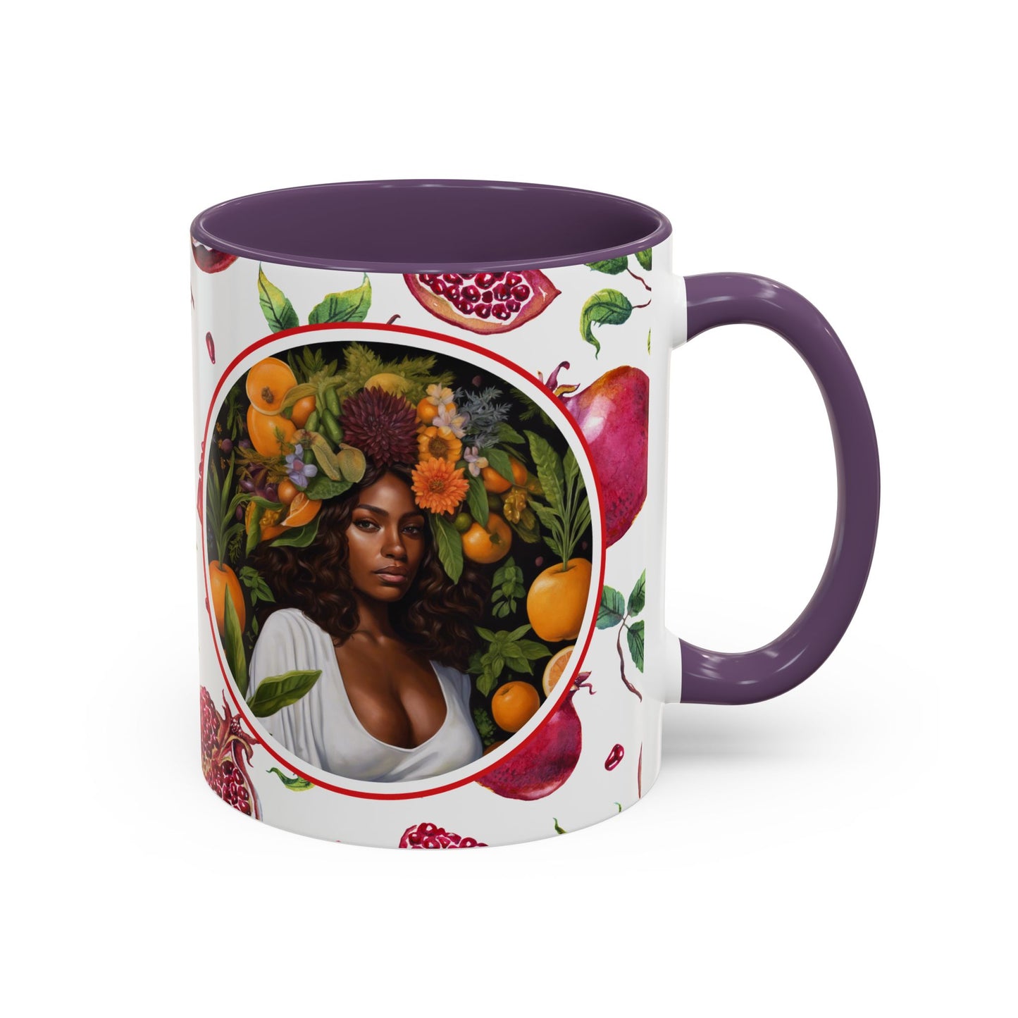Organically Me Red and White Regina Pomegranate Plant Garden Vegan Ceramic Plant Mug with Black woman (11oz) 8 Color Combos