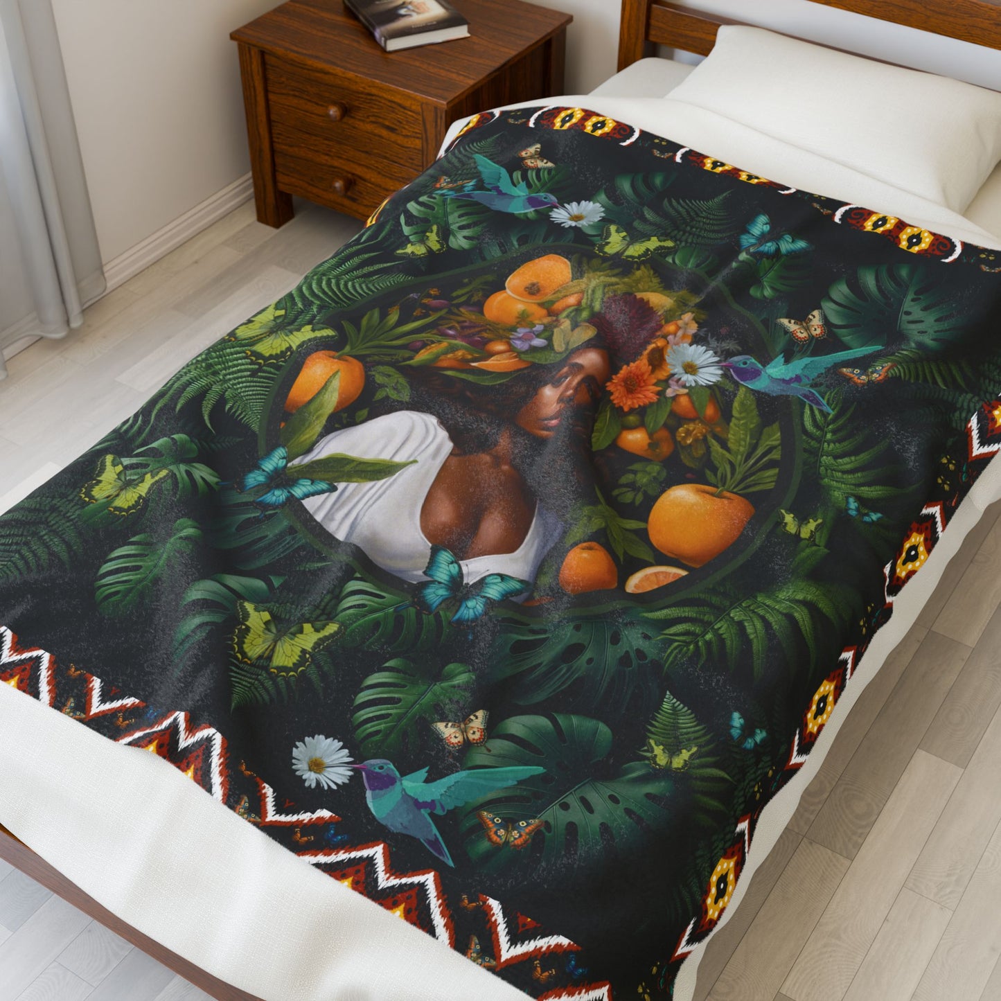 100% Organic A Fern Monstera Plant & Garden-themed Blanket, tablecloth, Wrap and Wall Hanging (Velveteen) with Black Woman