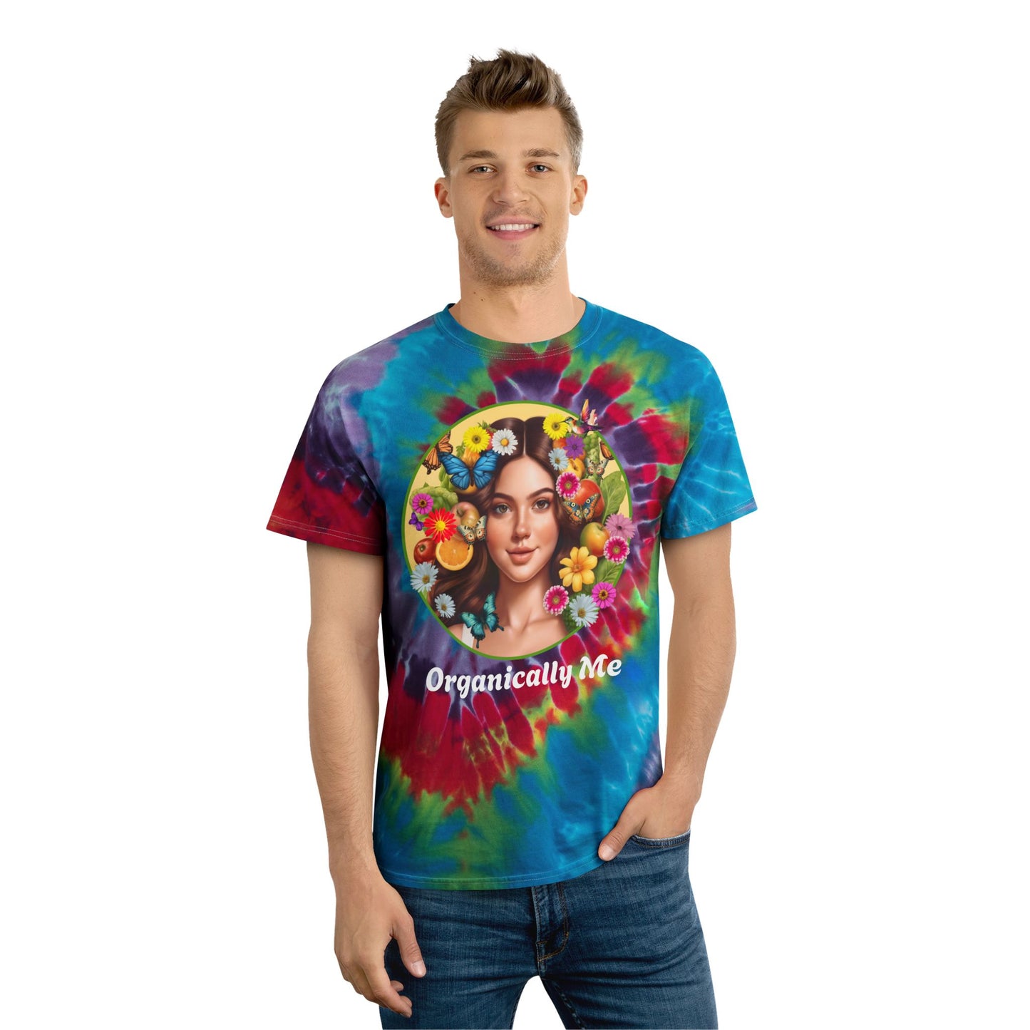 Spiral Tie-Dye Organically Me Tee Dark with Fruits, Veggies and flowers Design - Vibrant and Playful floral Shirt
