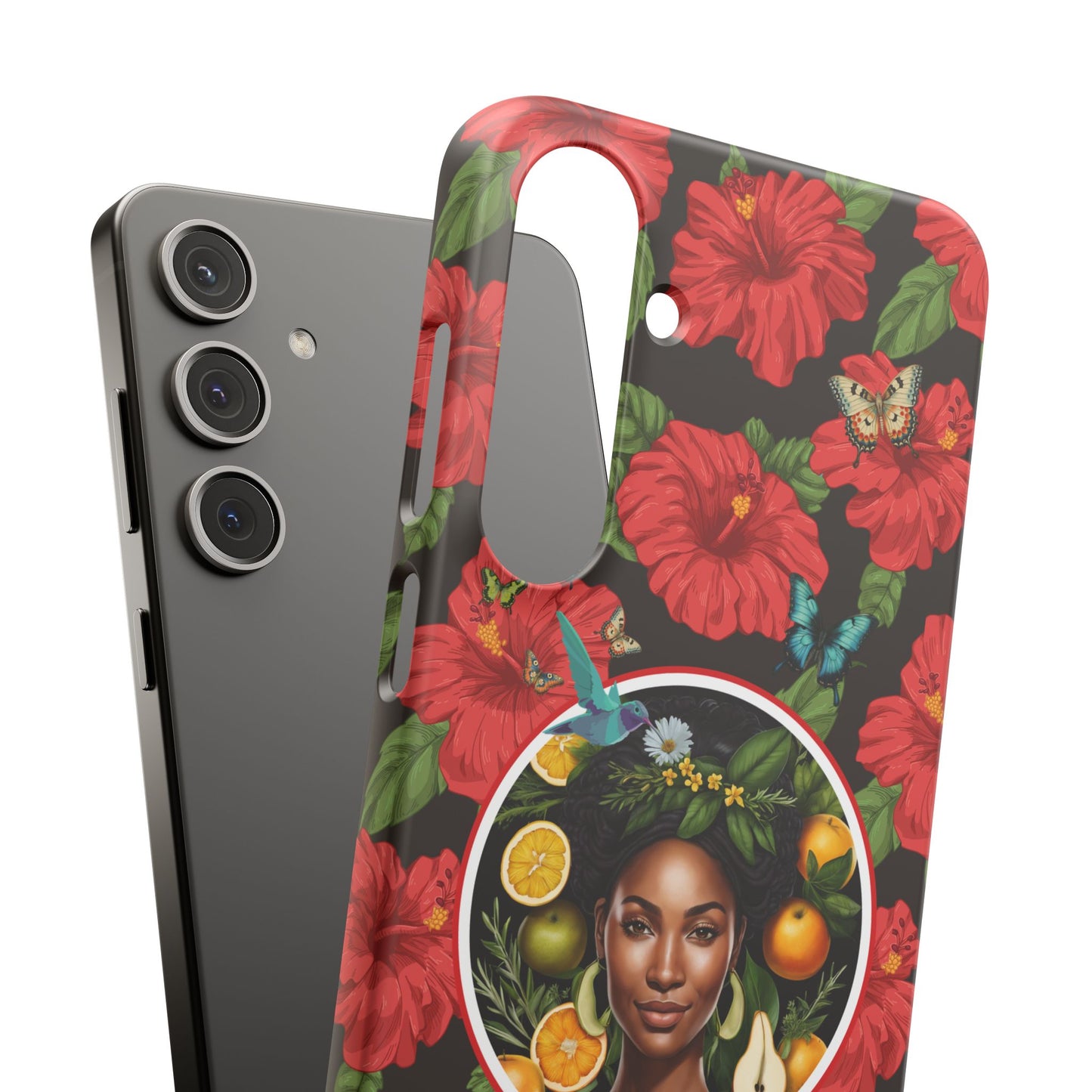 Organically Me Red and White Hibiscus Plant Garden Snap Phone Case with Black Woman, for iPhone and Android