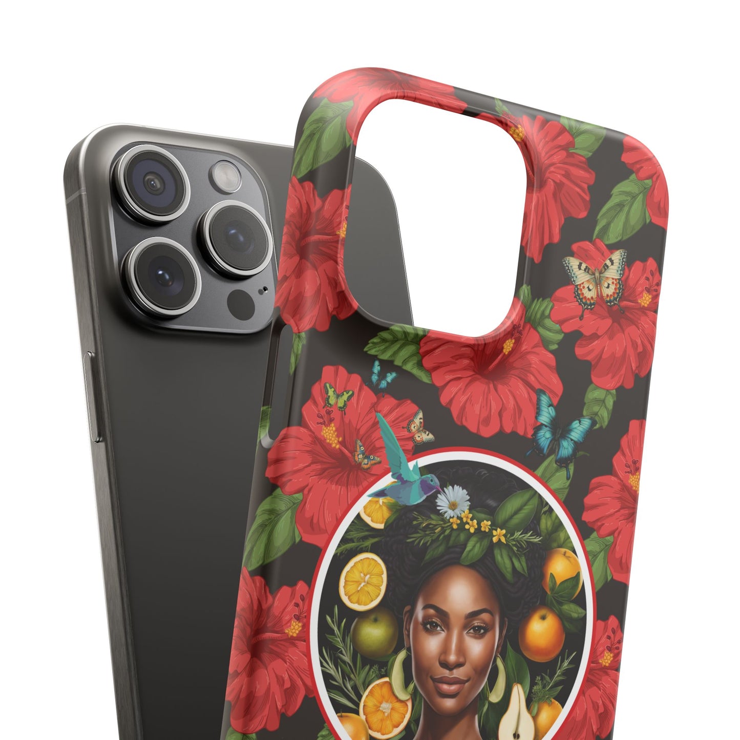 Organically Me Red and White Hibiscus Plant Garden Snap Phone Case with Black Woman, for iPhone and Android