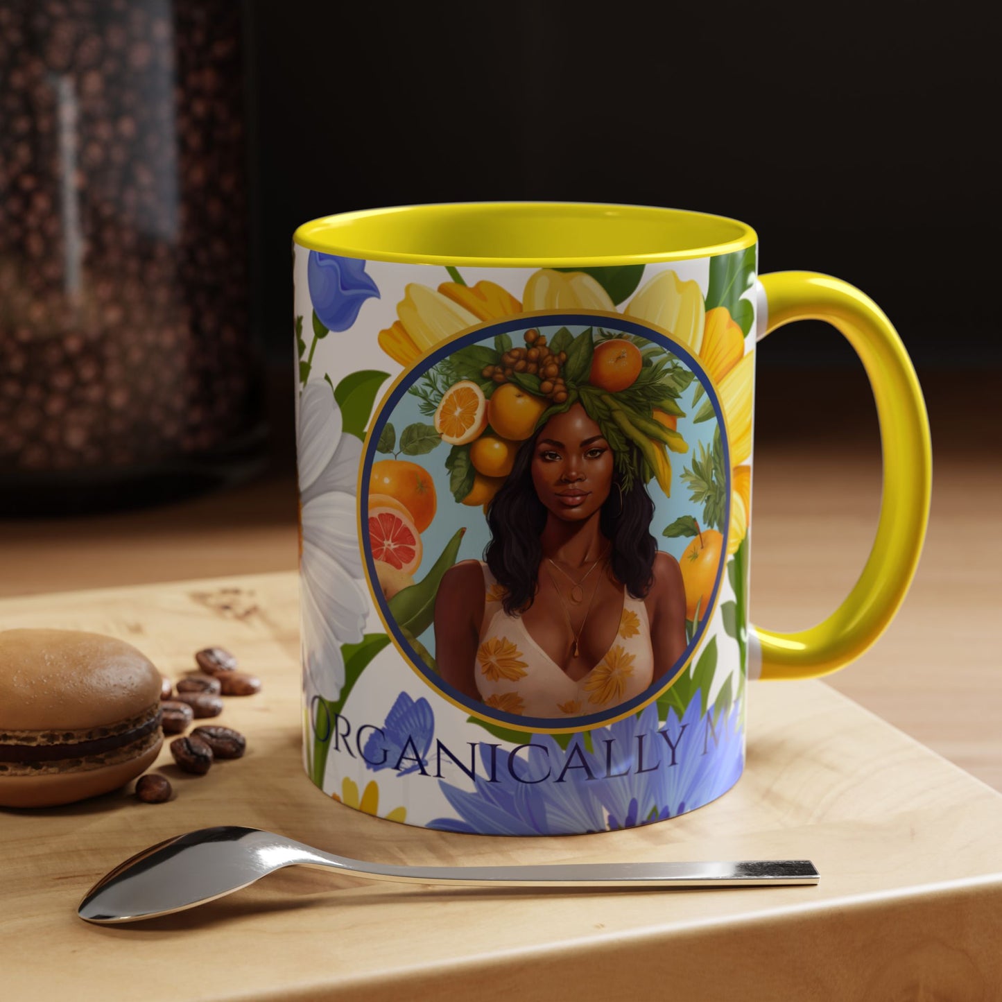 Organically Me Blue & Yellow Daisy Joyce Plant Garden Vegan Ceramic Plant Mug with Black woman (11oz) 8 Color Combos