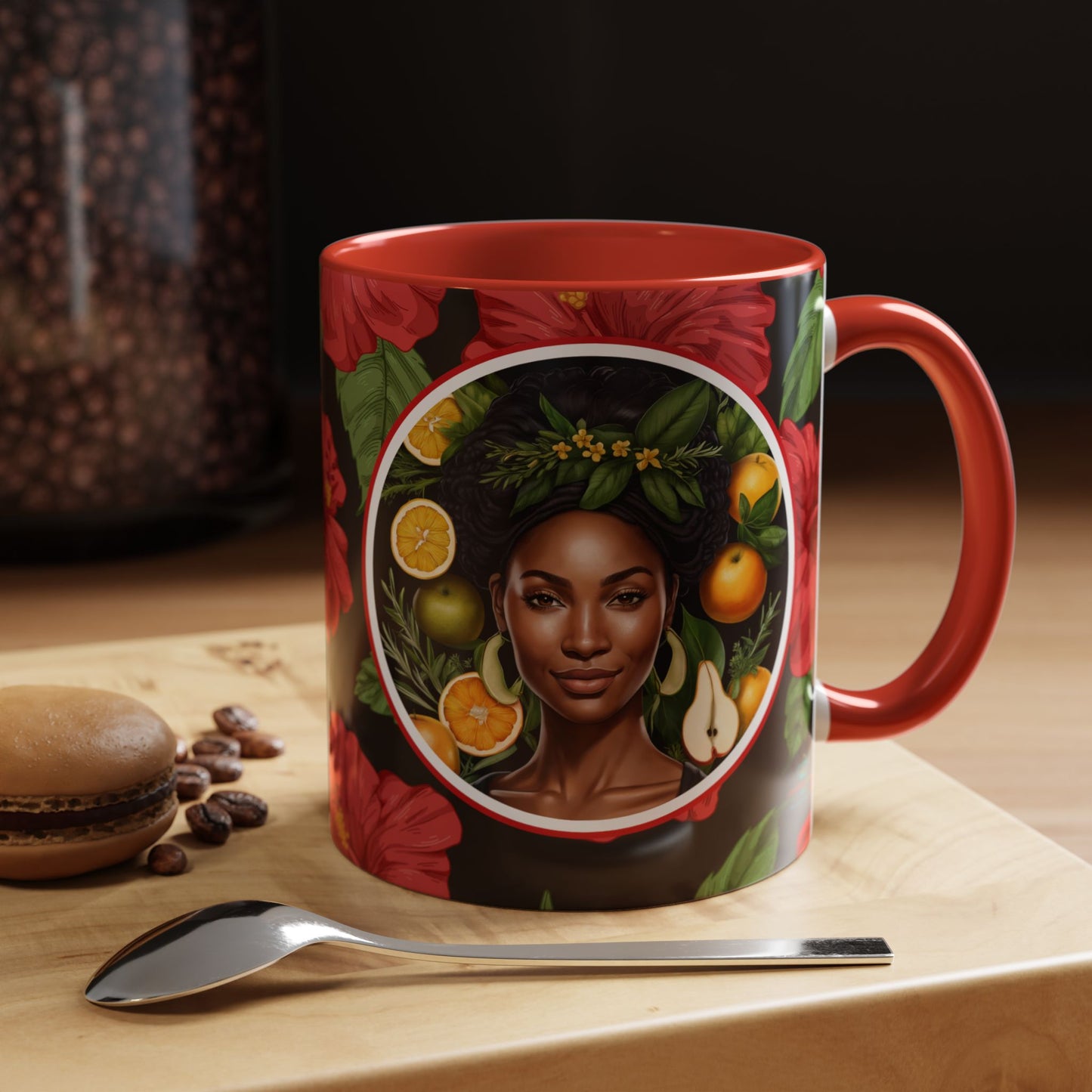 Organically Me Red and White Hibiscus Plant Garden Vegan Ceramic Plant Mug with Black woman (11oz) 8 Color Combos