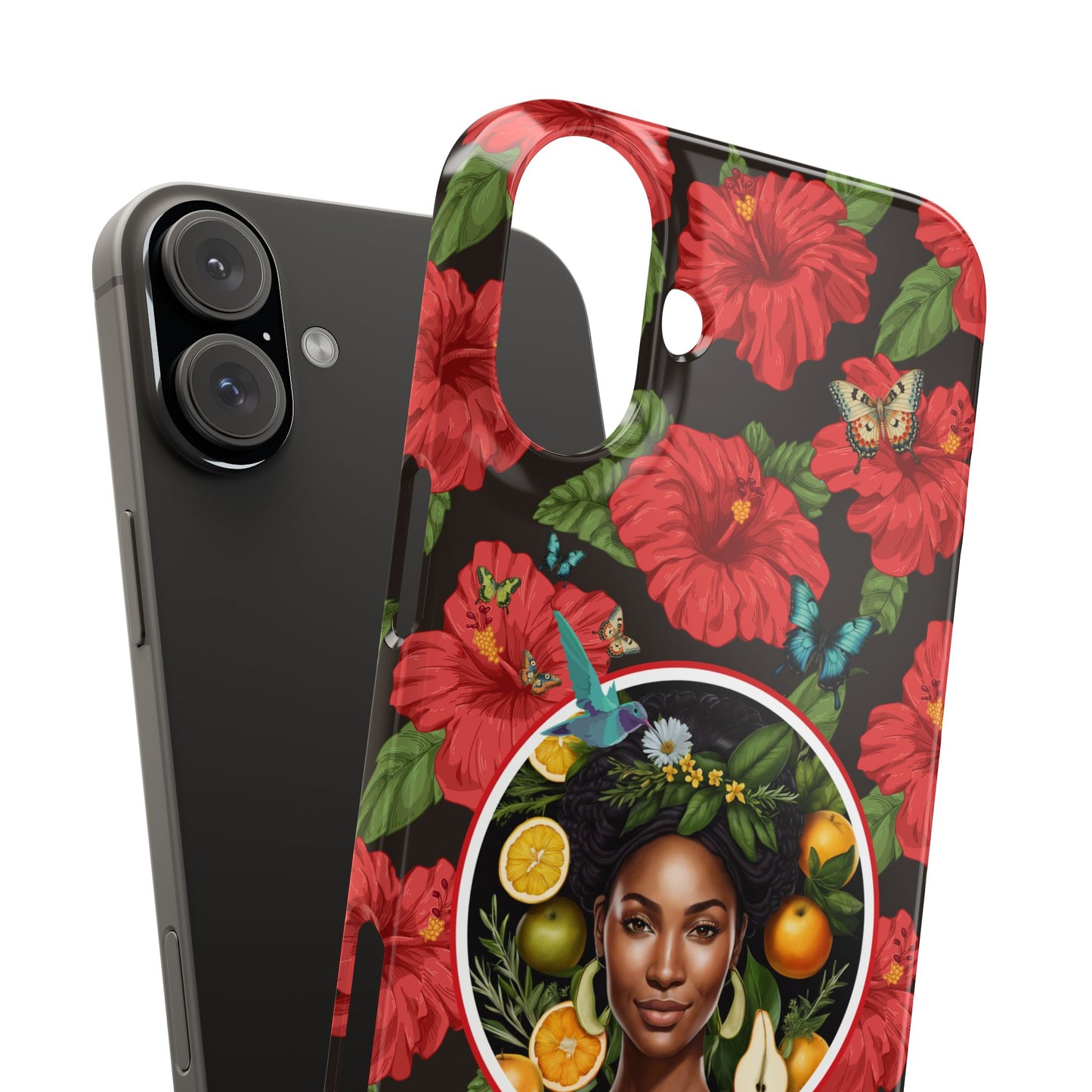 Organically Me Red and White Hibiscus Plant Garden Snap Phone Case with Black Woman, for iPhone and Android