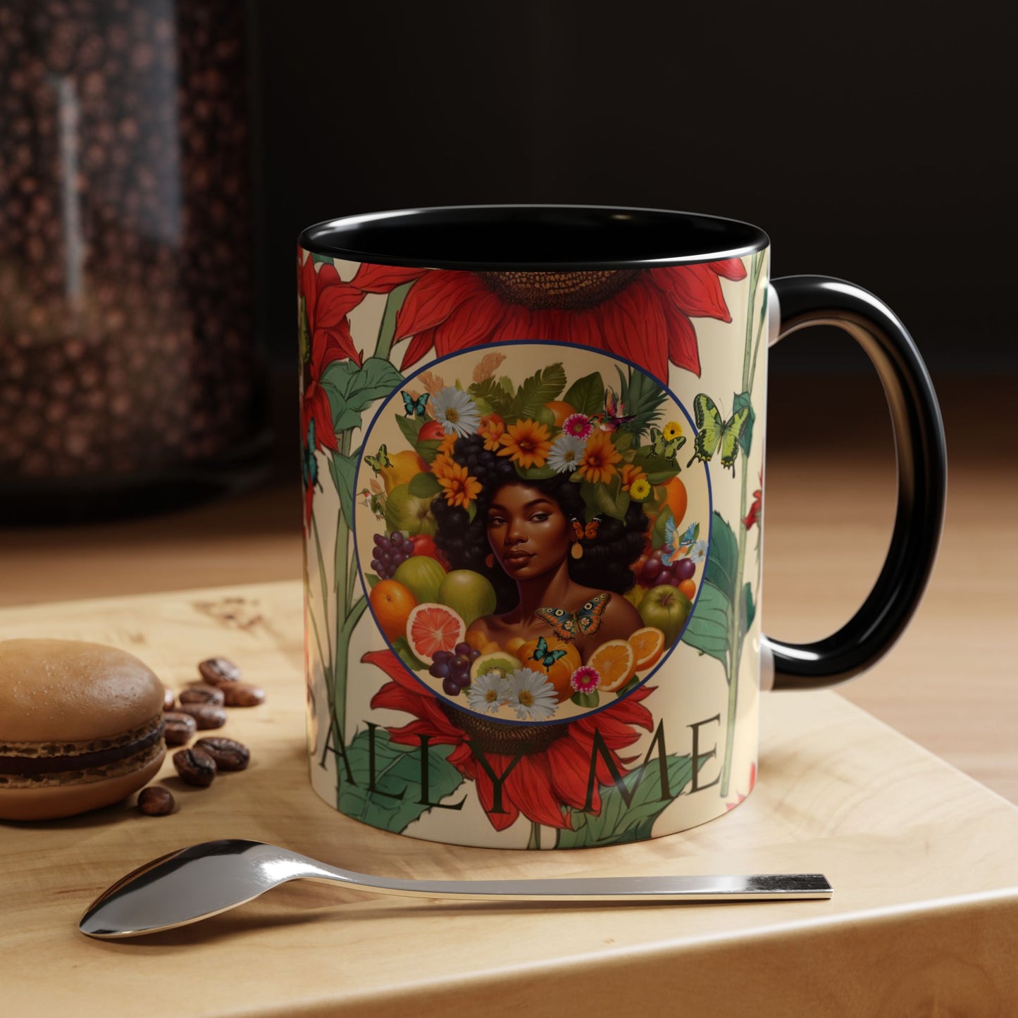 Organically Me Sunflower Red Plant Garden Vegan Ceramic Plant Mug with Black woman (11oz) 8 Color Combos