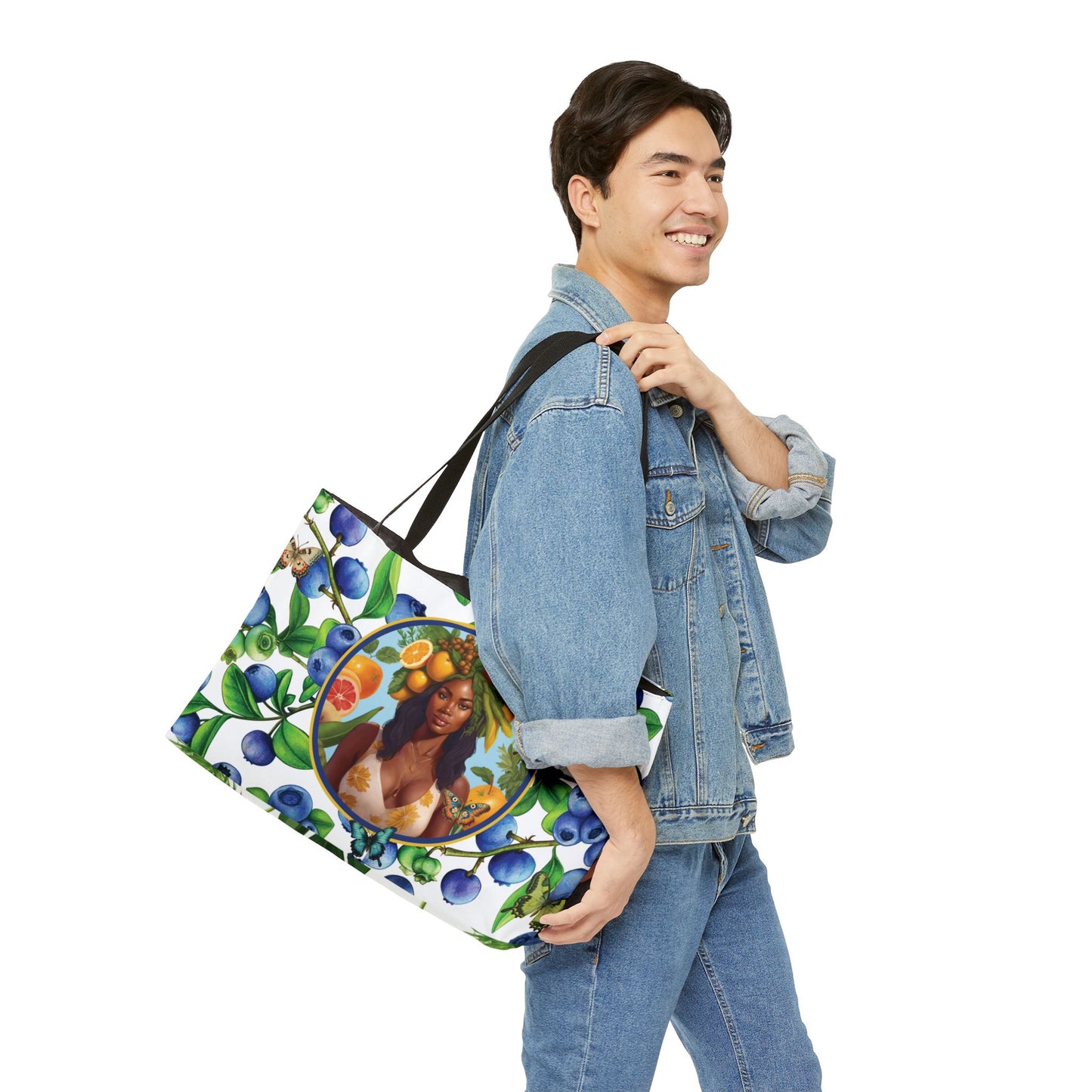 Organically Me Blue & Yellow Plant Garden-themed Weekender Tote Bag, workout bag, yoga bag with Black Women