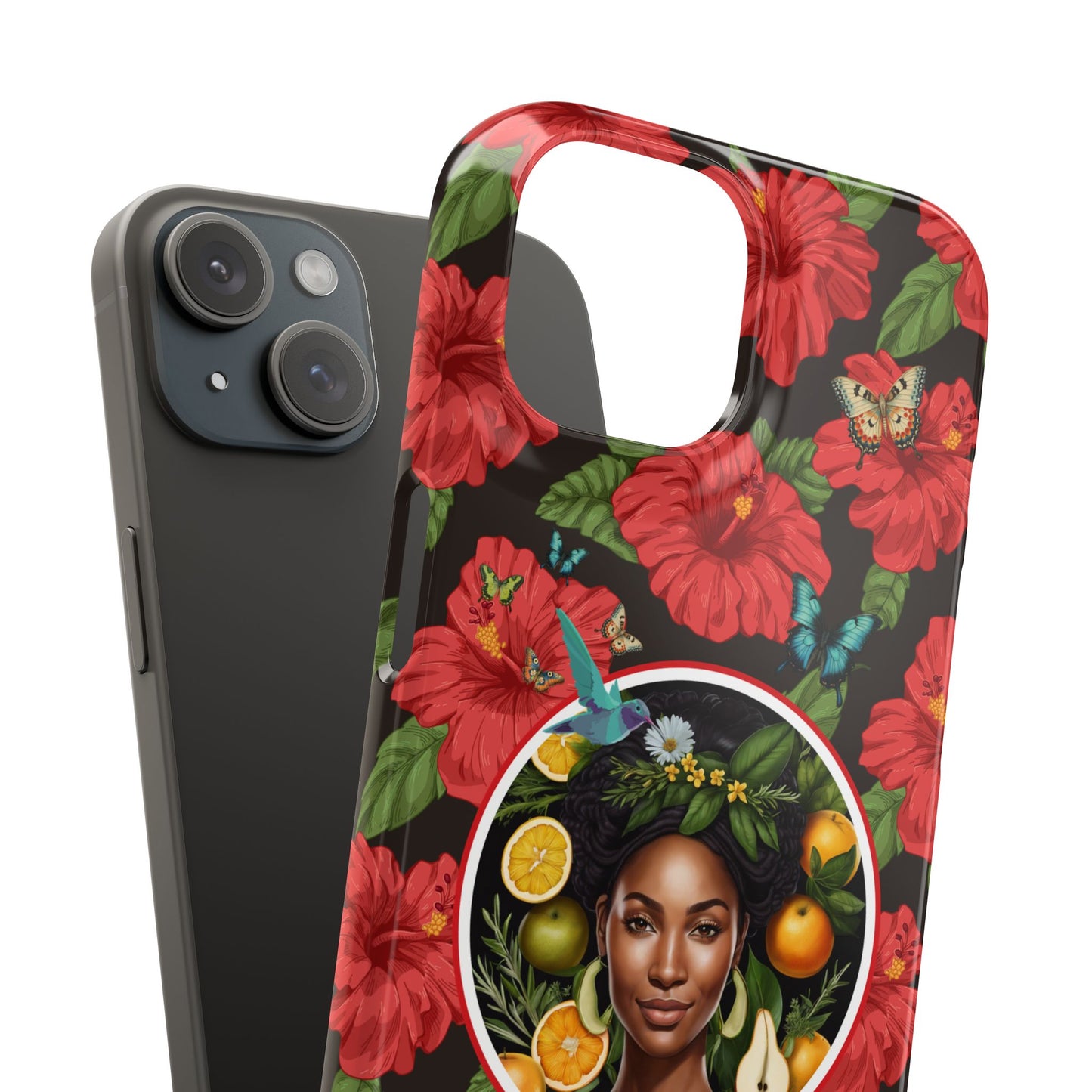 Organically Me Red and White Hibiscus Plant Garden Snap Phone Case with Black Woman, for iPhone and Android