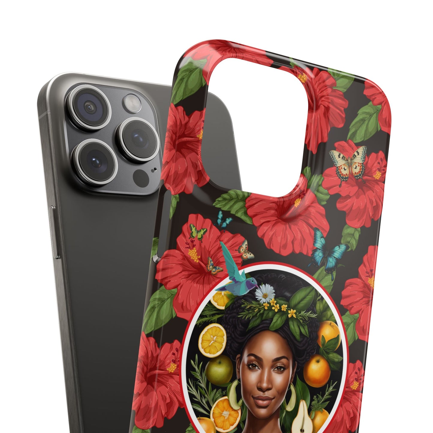 Organically Me Red and White Hibiscus Plant Garden Snap Phone Case with Black Woman, for iPhone and Android