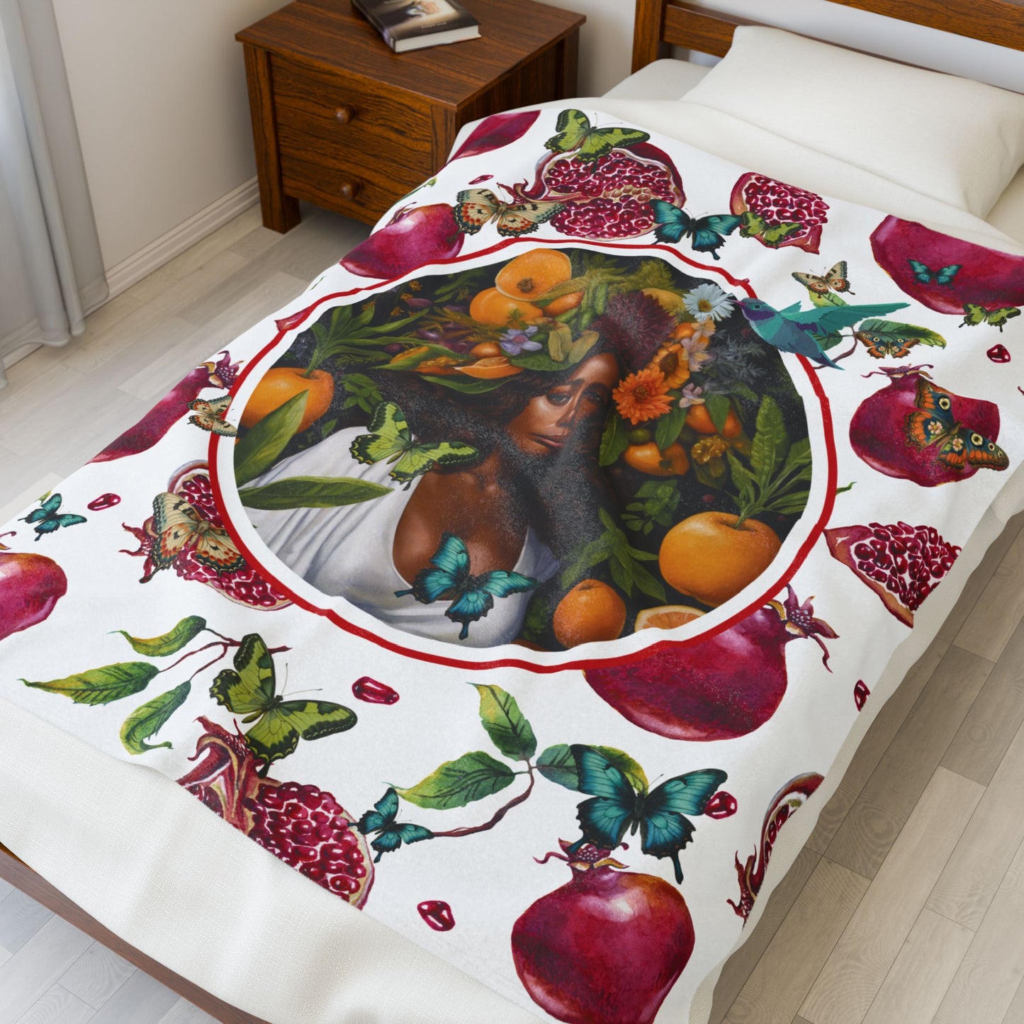 Organically Me Red and White Pomegranate Plant Garden Blanket, Wall Hanging, Tablecloth (Velveteen) with Black Woman; 50 x 60in