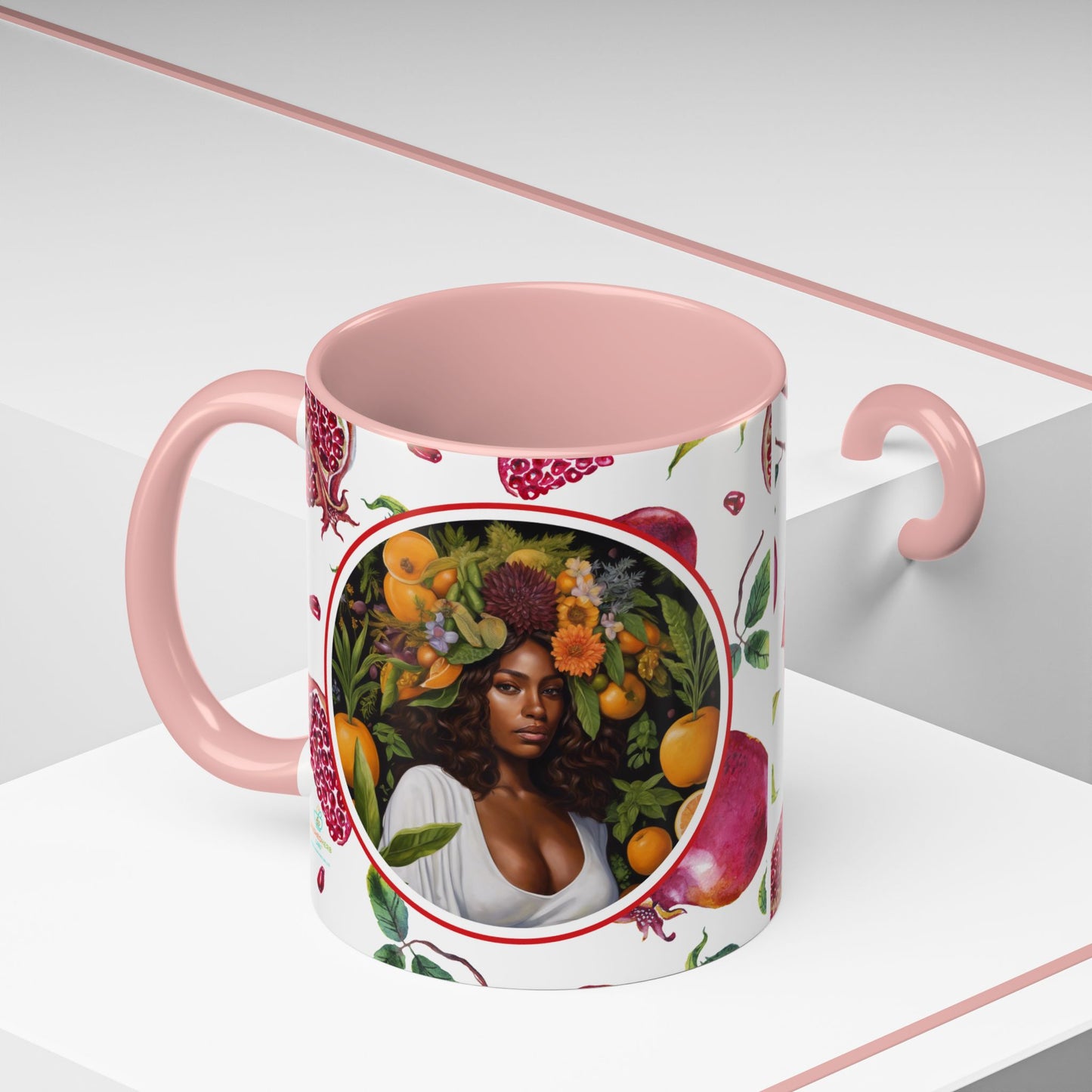Organically Me Red and White Regina Pomegranate Plant Garden Vegan Ceramic Plant Mug with Black woman (11oz) 8 Color Combos