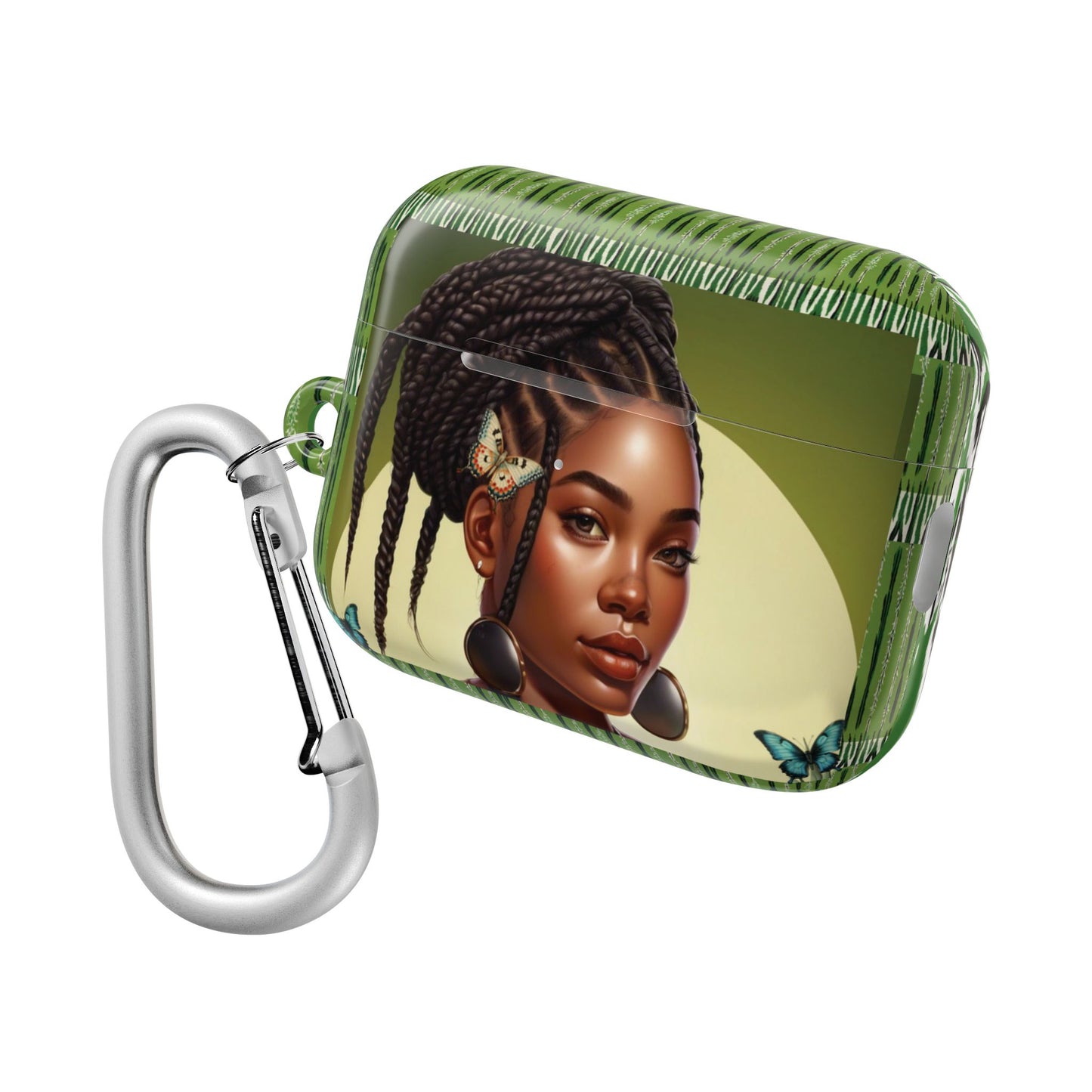 AirPods Case (Personalized): Braids & Ethnic Ikat Garden Plant Green Tribal Design with Butterflies & Black Woman; AirPods Pro Gen 1 & 2, AirPods Gen 1, Gen 2, Gen 3