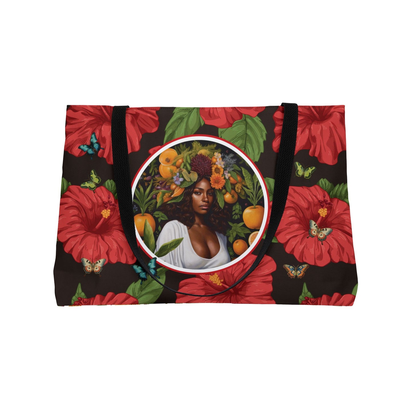 Organically Me Red & White Hibiscus Plant Garden-themed Weekender Tote Bag, workout bag, yoga bag with Black Women