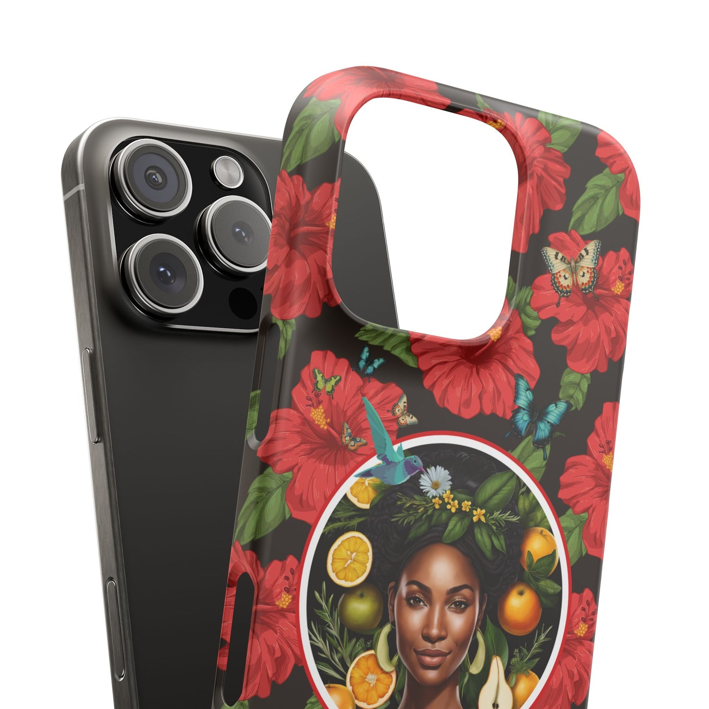 Organically Me Red and White Hibiscus Plant Garden Snap Phone Case with Black Woman, for iPhone and Android