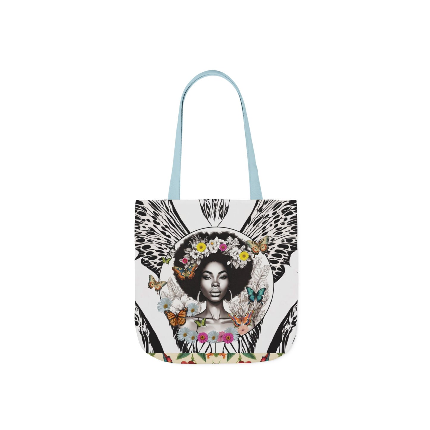 Afro Butterfly Queen In Black & White Garden-themed 13" tote bag, purse, workout bag, yoga bag, personal item with Black Women