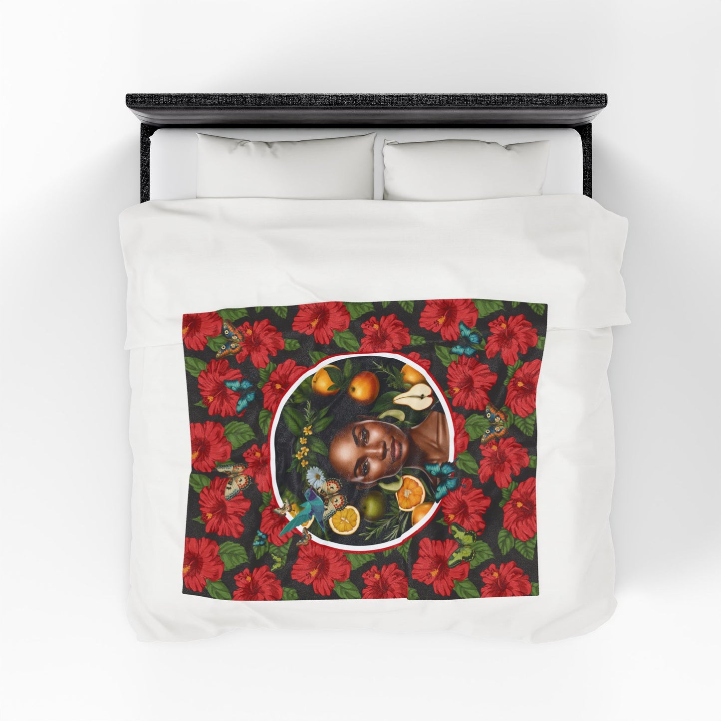 Organically Me Red and White Plant Garden Blanket, Wall Hanging, Tablecloth (Velveteen) with Black Woman; 50 x 60in