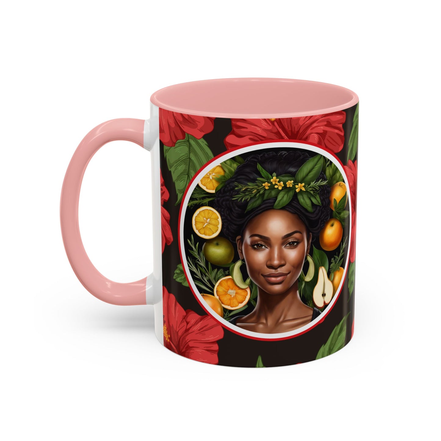 Organically Me Red and White Hibiscus Plant Garden Vegan Ceramic Plant Mug with Black woman (11oz) 8 Color Combos