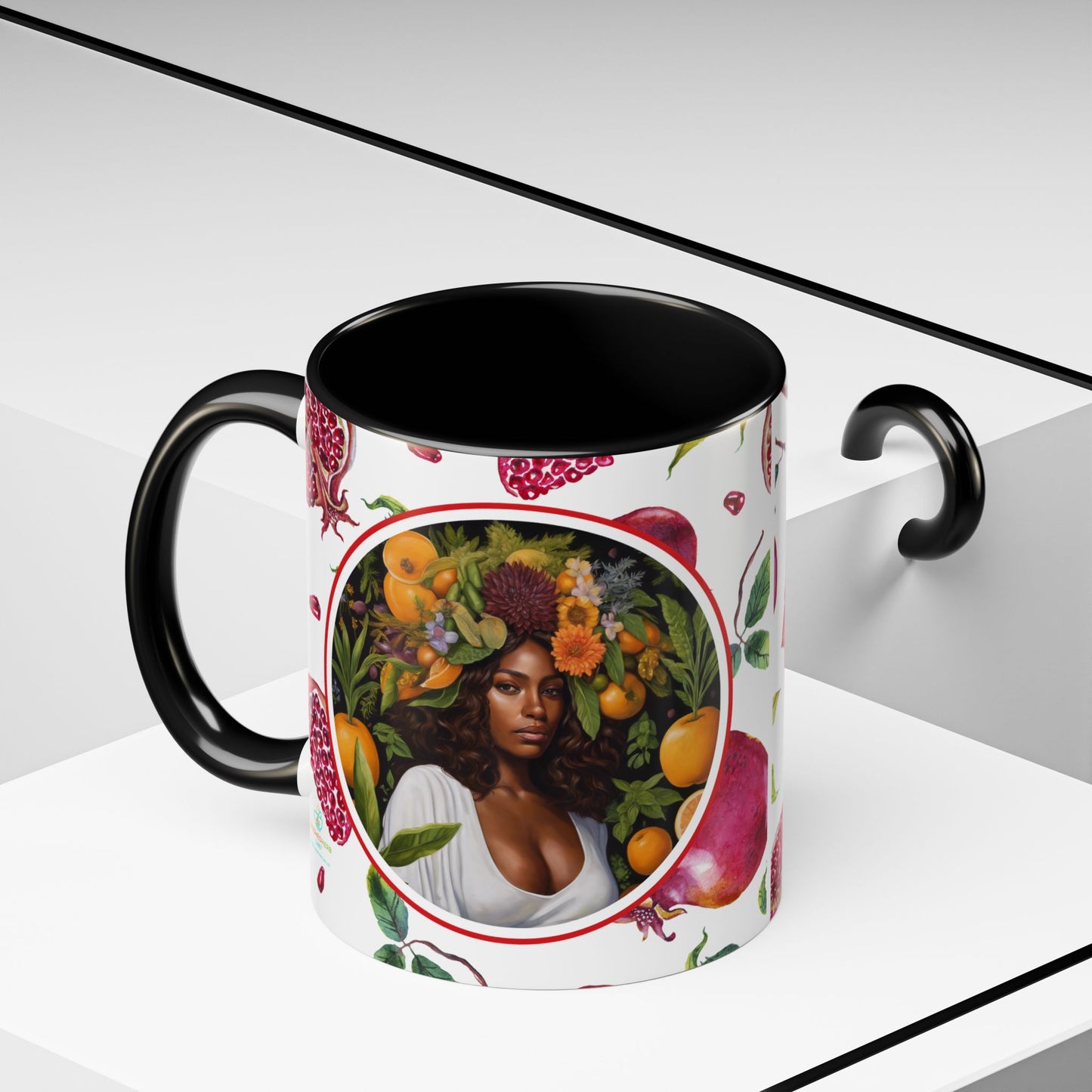 Organically Me Red and White Regina Pomegranate Plant Garden Vegan Ceramic Plant Mug with Black woman (11oz) 8 Color Combos