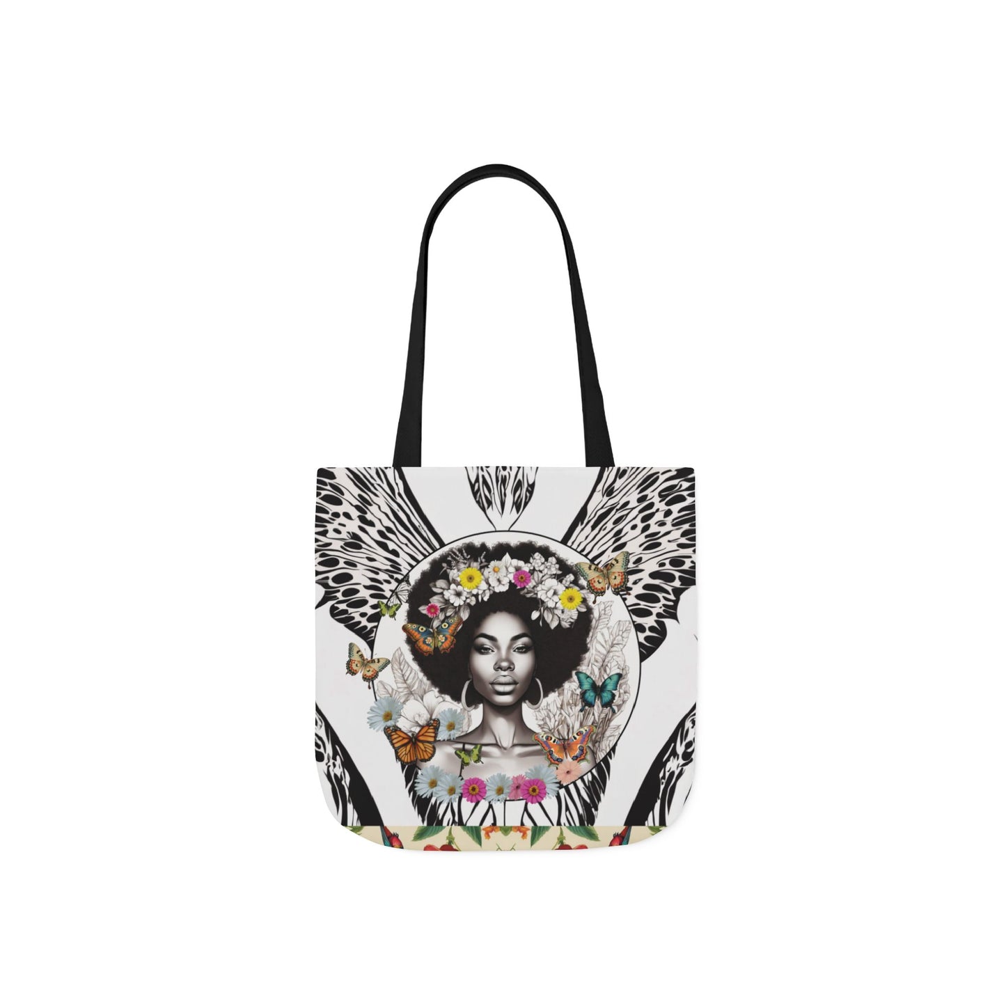 Afro Butterfly Queen In Black & White Garden-themed 13" tote bag, purse, workout bag, yoga bag, personal item with Black Women