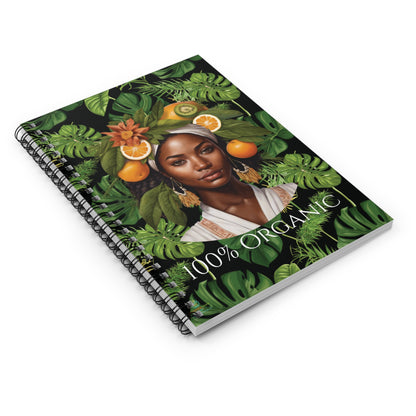 100% Organic Black Jungle Plant Garden & Vegan Hardcover Spiral Journal, Matte 150 pages, Black woman Design