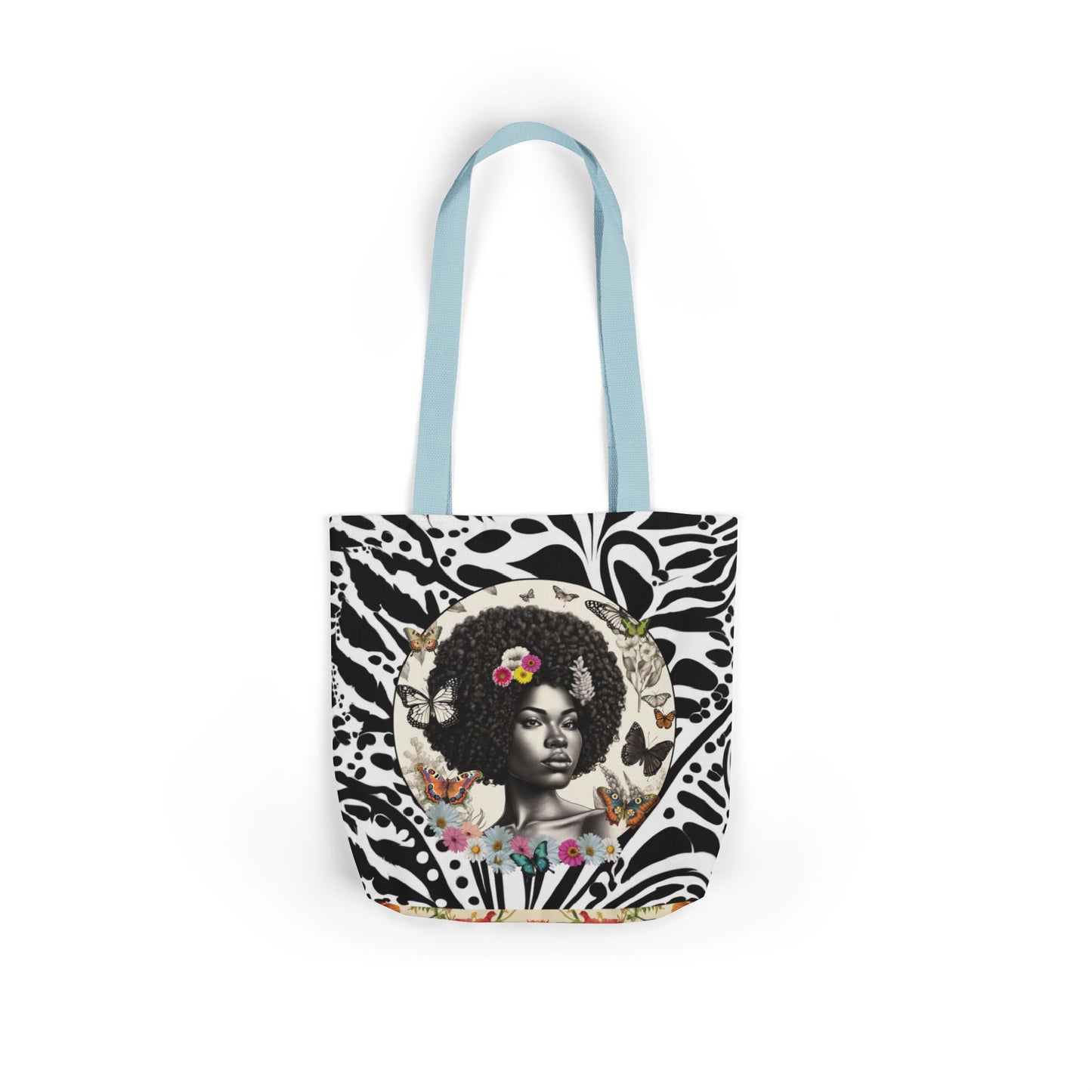 Afro Butterfly Queen In Black & White Garden-themed 13" tote bag, purse, workout bag, yoga bag, personal item with Black Women