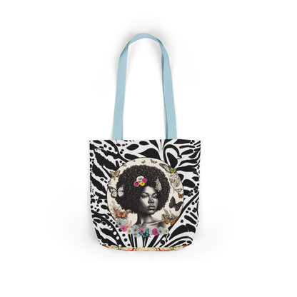 Afro Butterfly Queen In Black & White Garden-themed 13" tote bag, purse, workout bag, yoga bag, personal item with Black Women