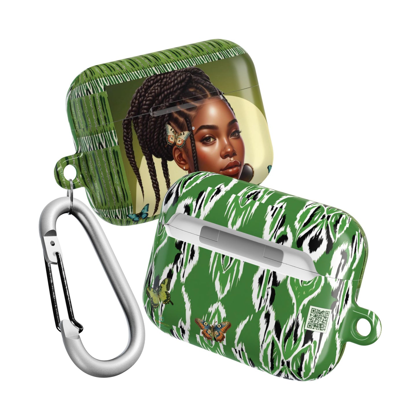 AirPods Case (Personalized): Braids & Ethnic Ikat Garden Plant Green Tribal Design with Butterflies & Black Woman; AirPods Pro Gen 1 & 2, AirPods Gen 1, Gen 2, Gen 3